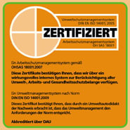 Umwelt- und Arbeitsschutz: Zertifikat ISO 14001, ISO OHSAS 18001, ISO 50001