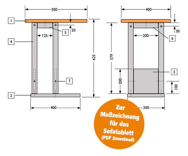 Maßzeichnung Sofatablett