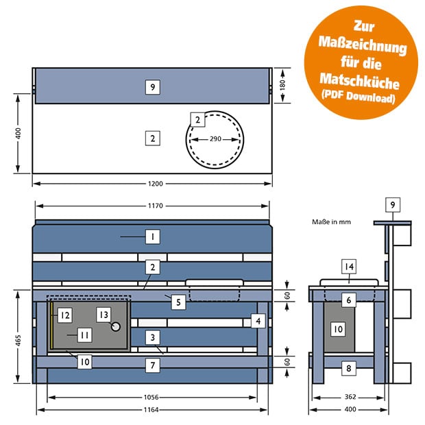 Matschküche aus Paletten selber bauen Maßzeichnung