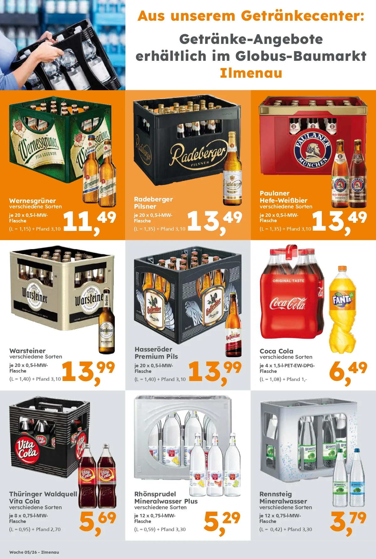 Getränke-Angebote erhältlich im Globus Baumarkt Ilmenau. Gültigkeit Kalenderwoche 05/26