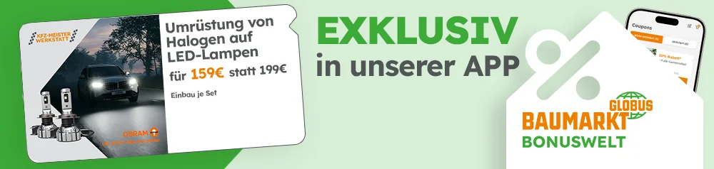 Auto mit LED-Lampen und App-Symbol. Text: „EXKLUSIV in unserer APP: Umrüstung von Halogen auf LED-Lampen für 159 € statt 199 €, Einbau je Set“.