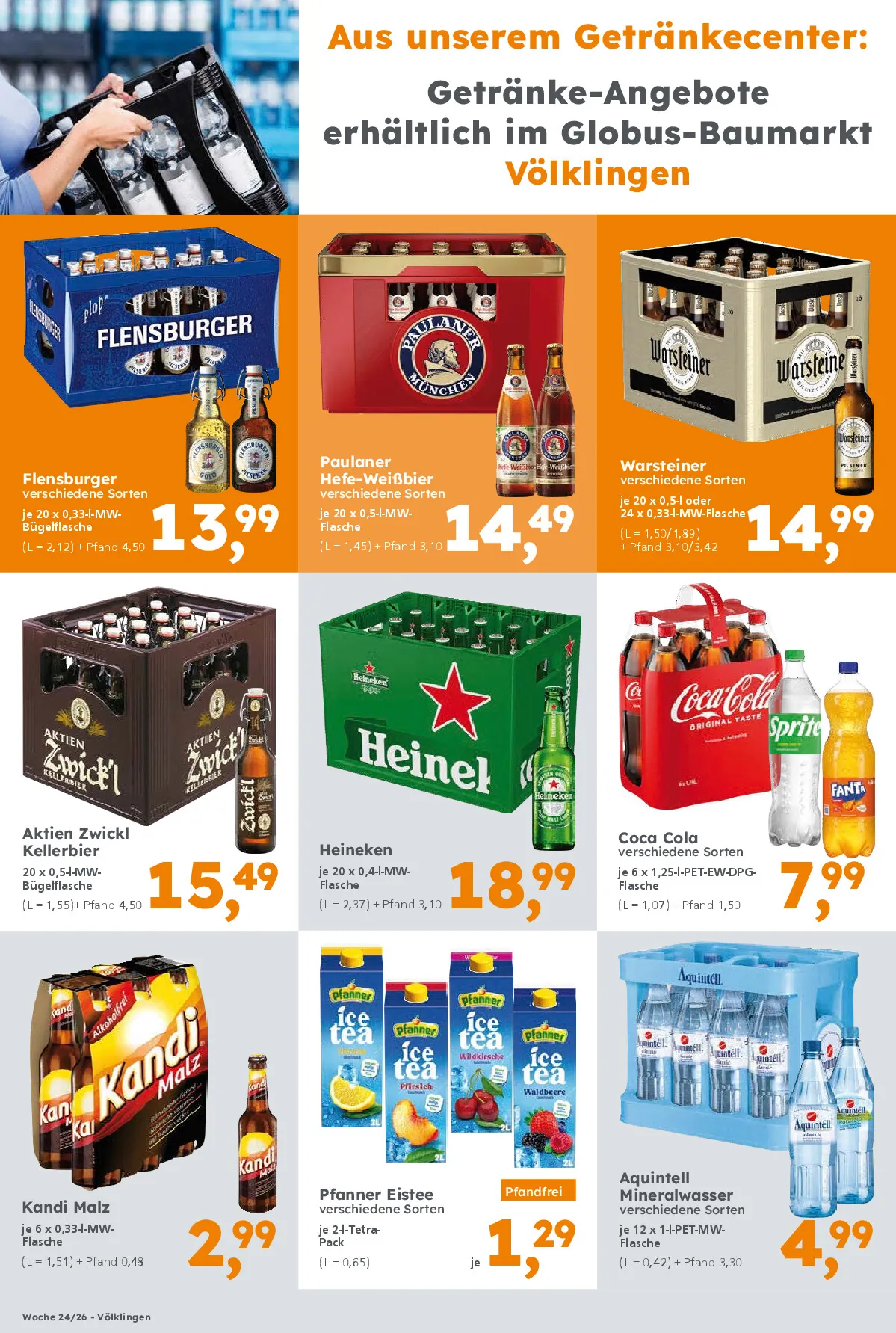 Getränke-Angebote erhältlich im Globus Baumarkt Völklingen. Gültigkeit Kalenderwoche 24/26