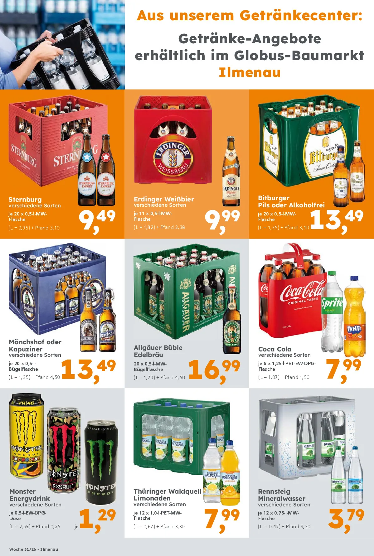 Getränke-Angebote erhältlich im Globus Baumarkt Ilmenau. Gültigkeit Kalenderwoche 31/26