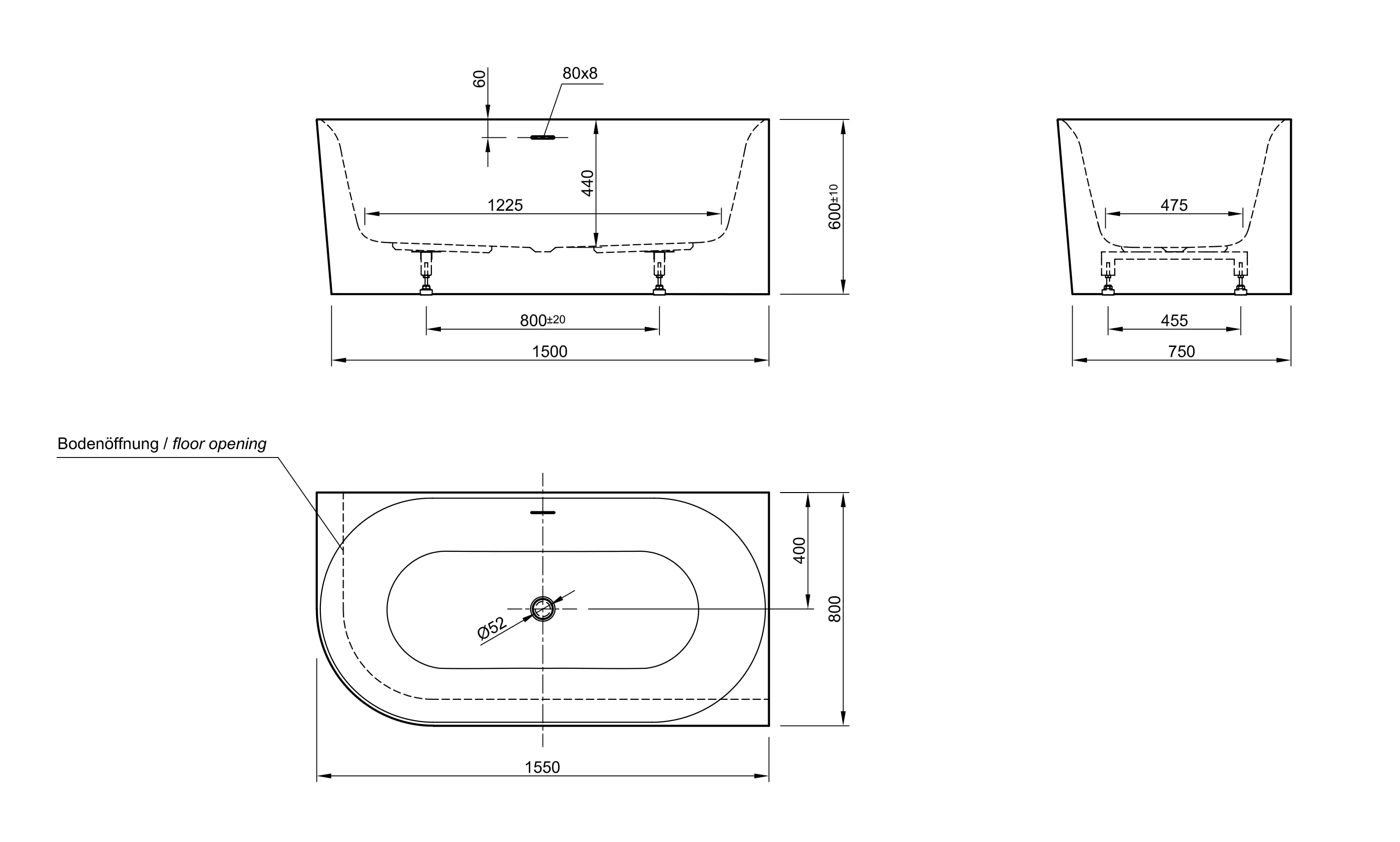 Ottofond Badewanne Mince Corner XS weiß links 155 x 80 / 44 cm