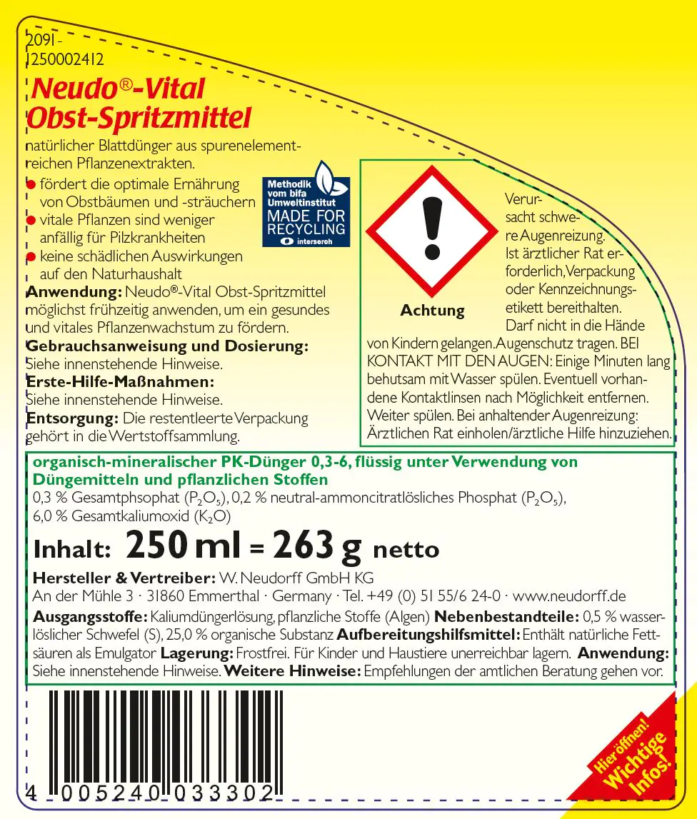 Neudorff Neudo Vital Obst Spritzmittel 250 ml