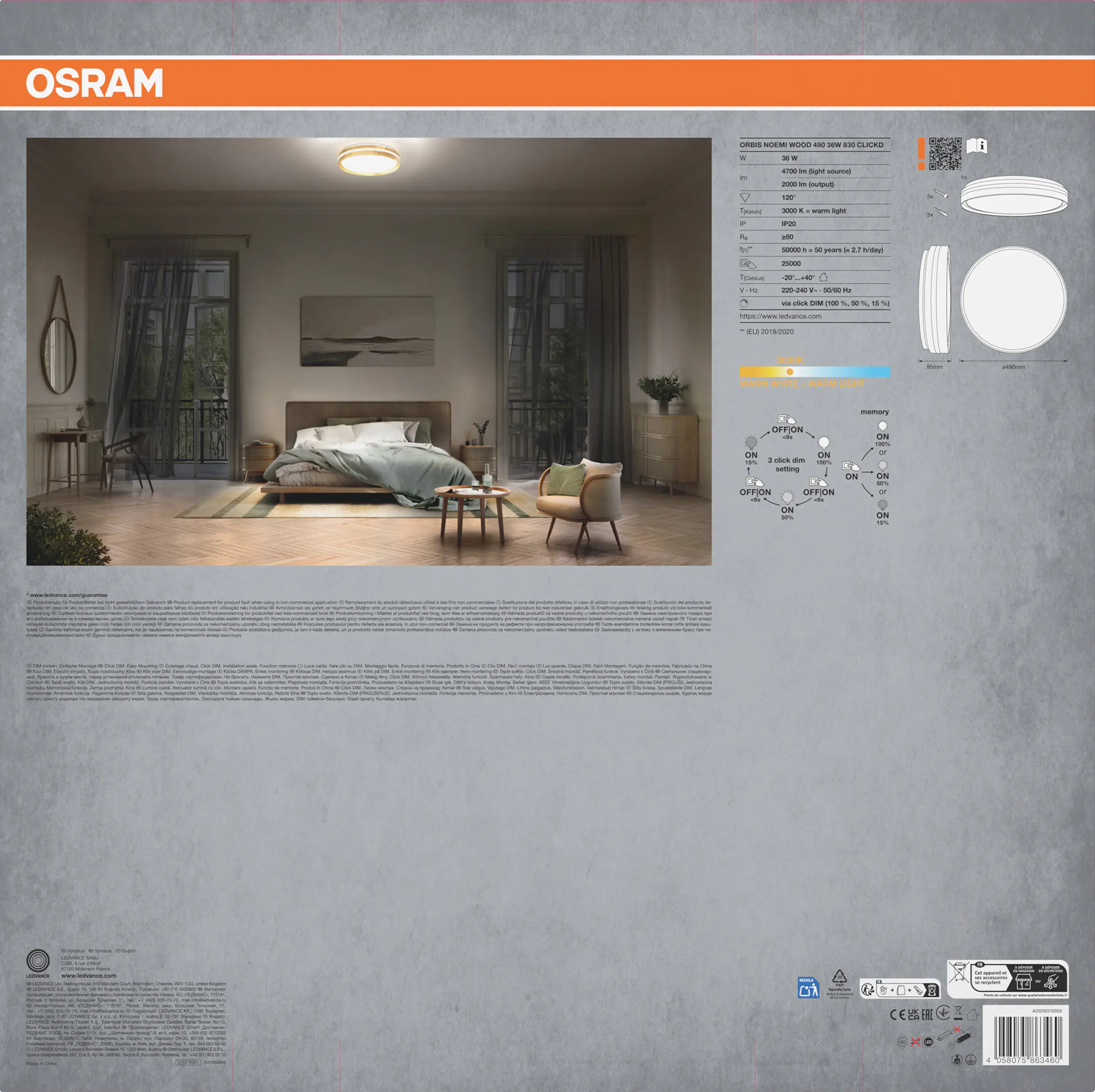Osram LED-Deckenleuchte Orbis Noemi Wood Ø49 cm 36 W Holzdekor dimmbar