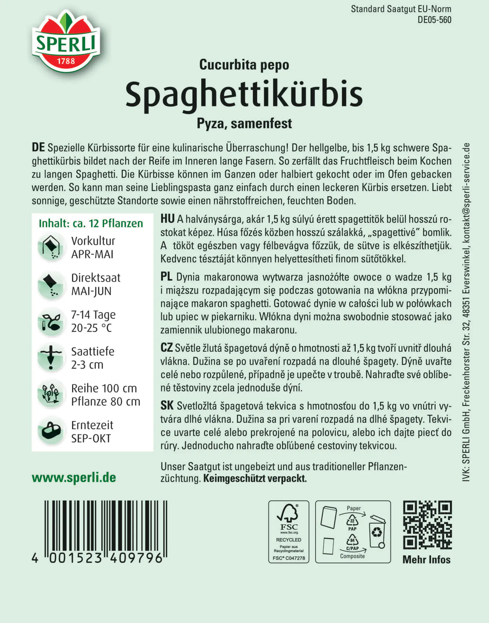 Sperli Saatgut Spaghettikürbis Pyza für ca. 12 Pflanzen