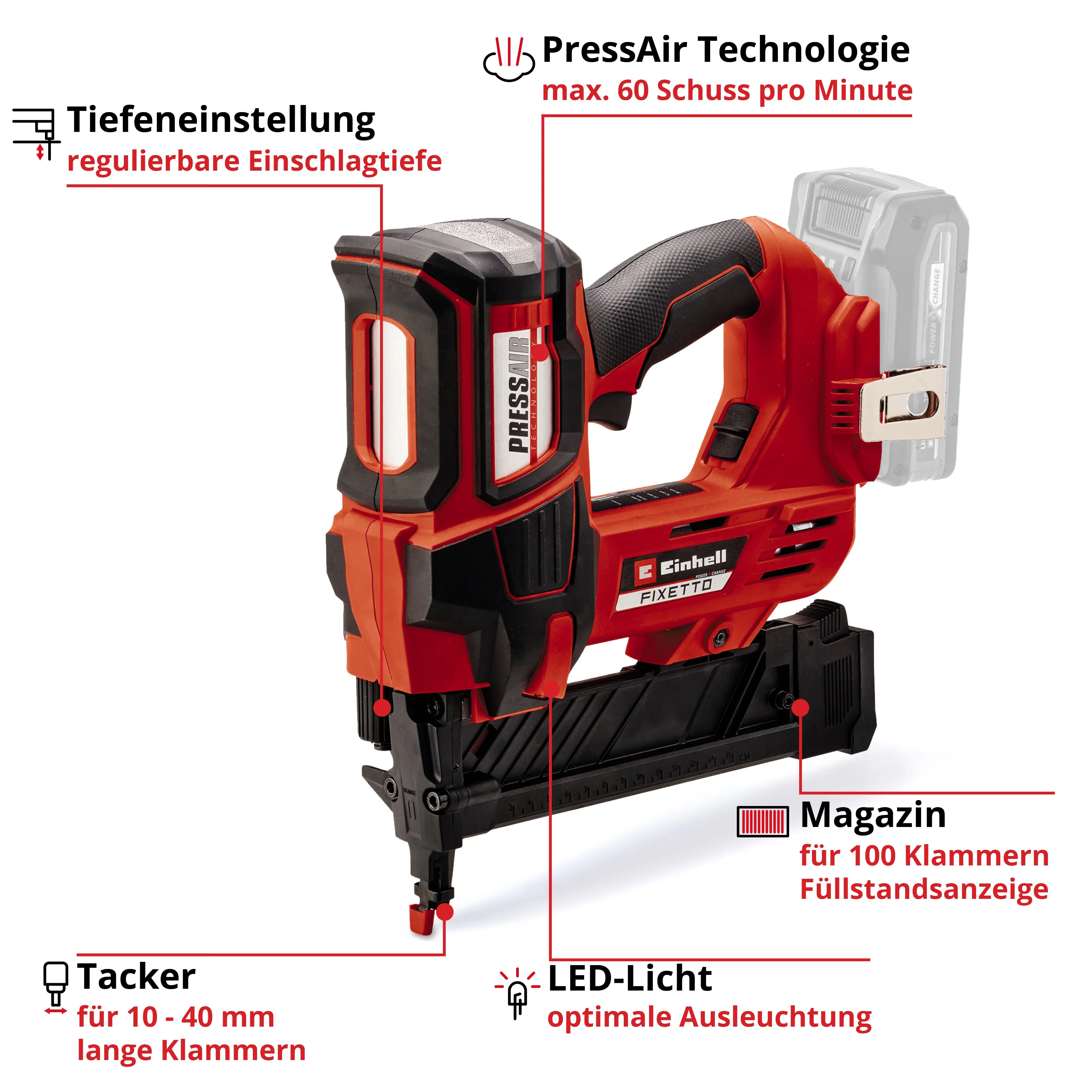 Einhell Professional Akku-Tacker FIXETTO 18/40 S Solo 18 V