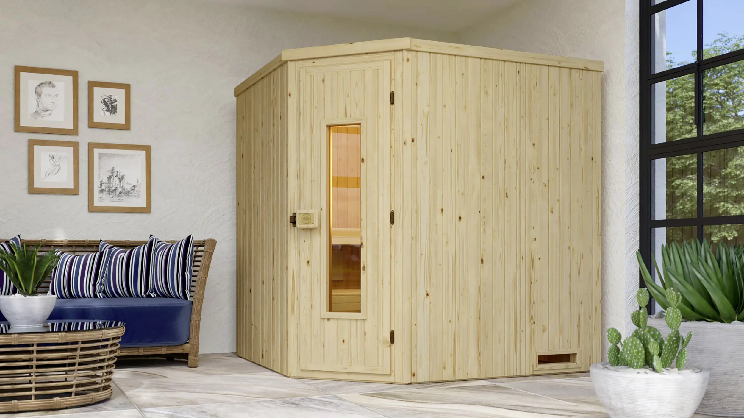 Weka Element-Ecksauna Varberg 2 mit Holztür