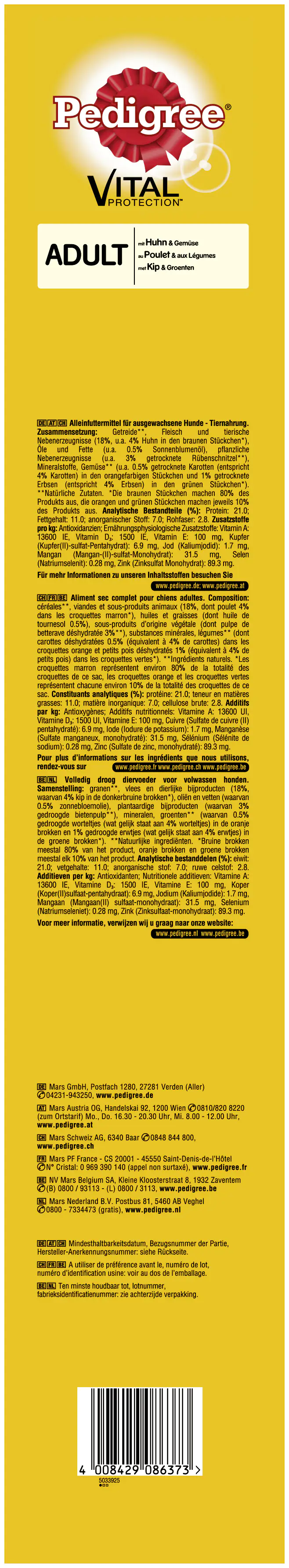 Pedigree Hundetrockenfutter Adult Huhn Gemüse 15 kg