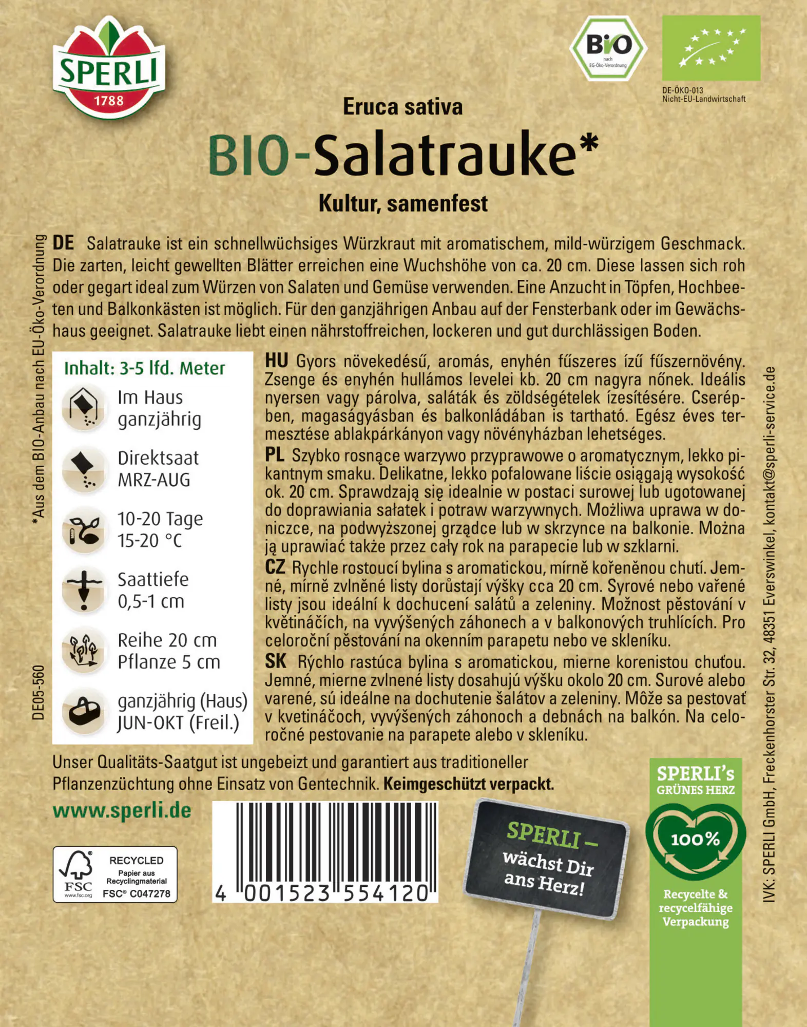 Sperli Saatgut BIO Salatrauke für ca. 0,5 – 1 m²