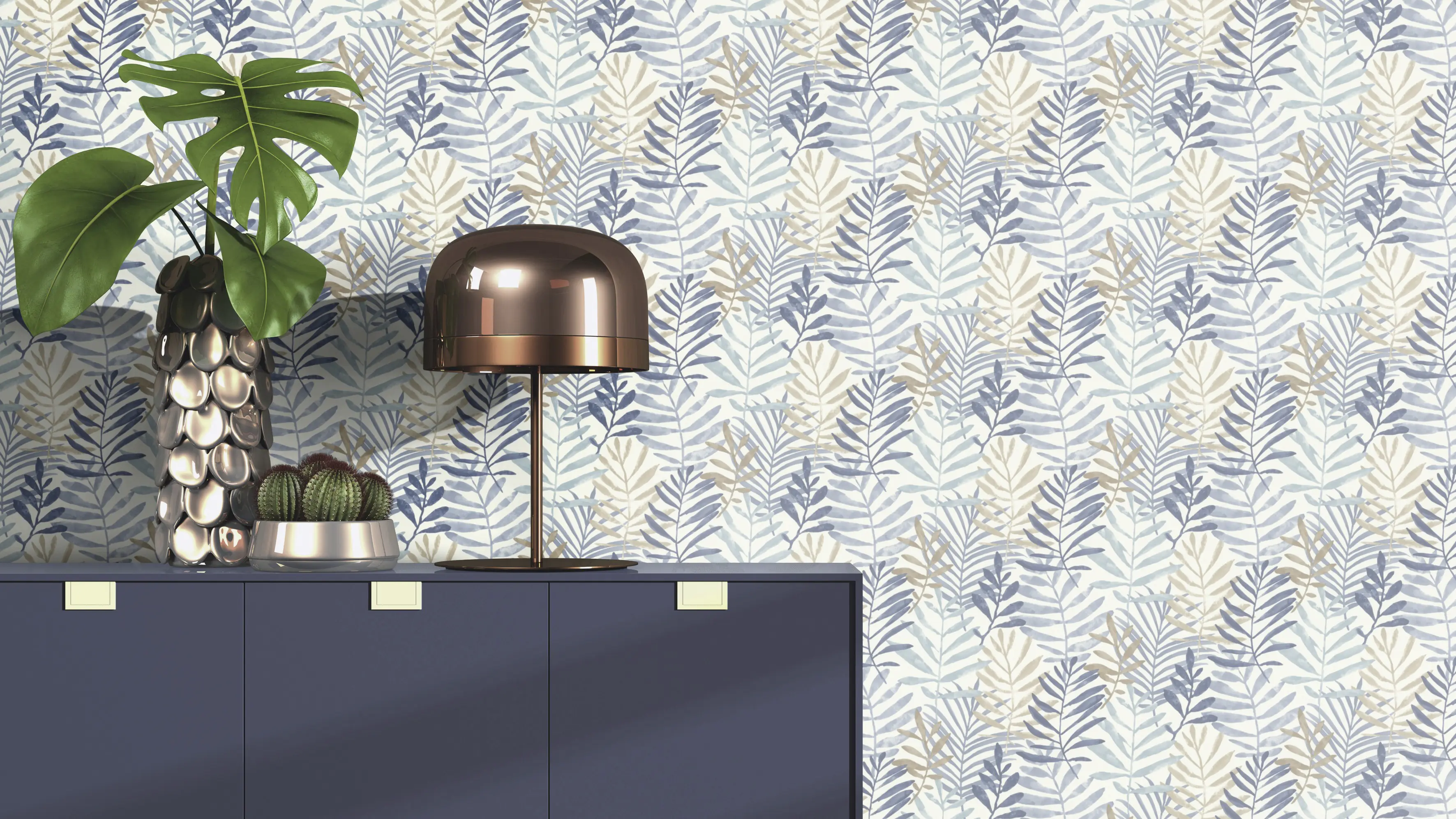 Rasch Vliestapete Tropische Blätter blau-beige 10,05 x 0,53 m