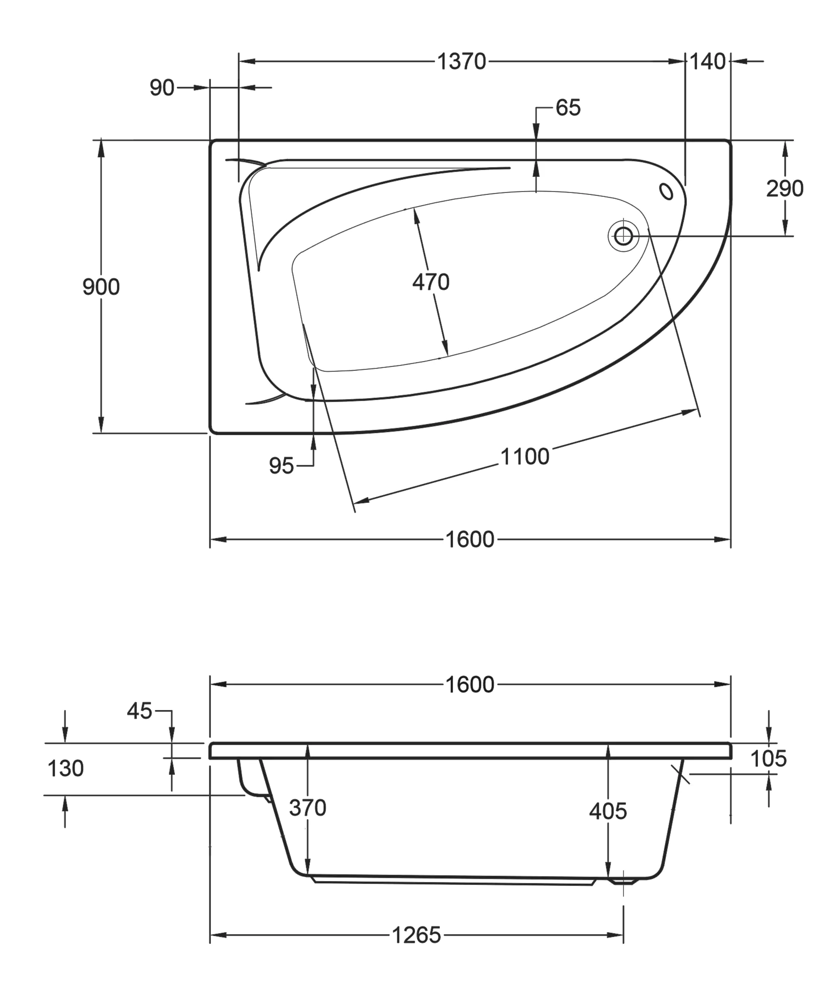 Ottofond Eckwanne Marina 160 x 90 cm, weiß, Modell B