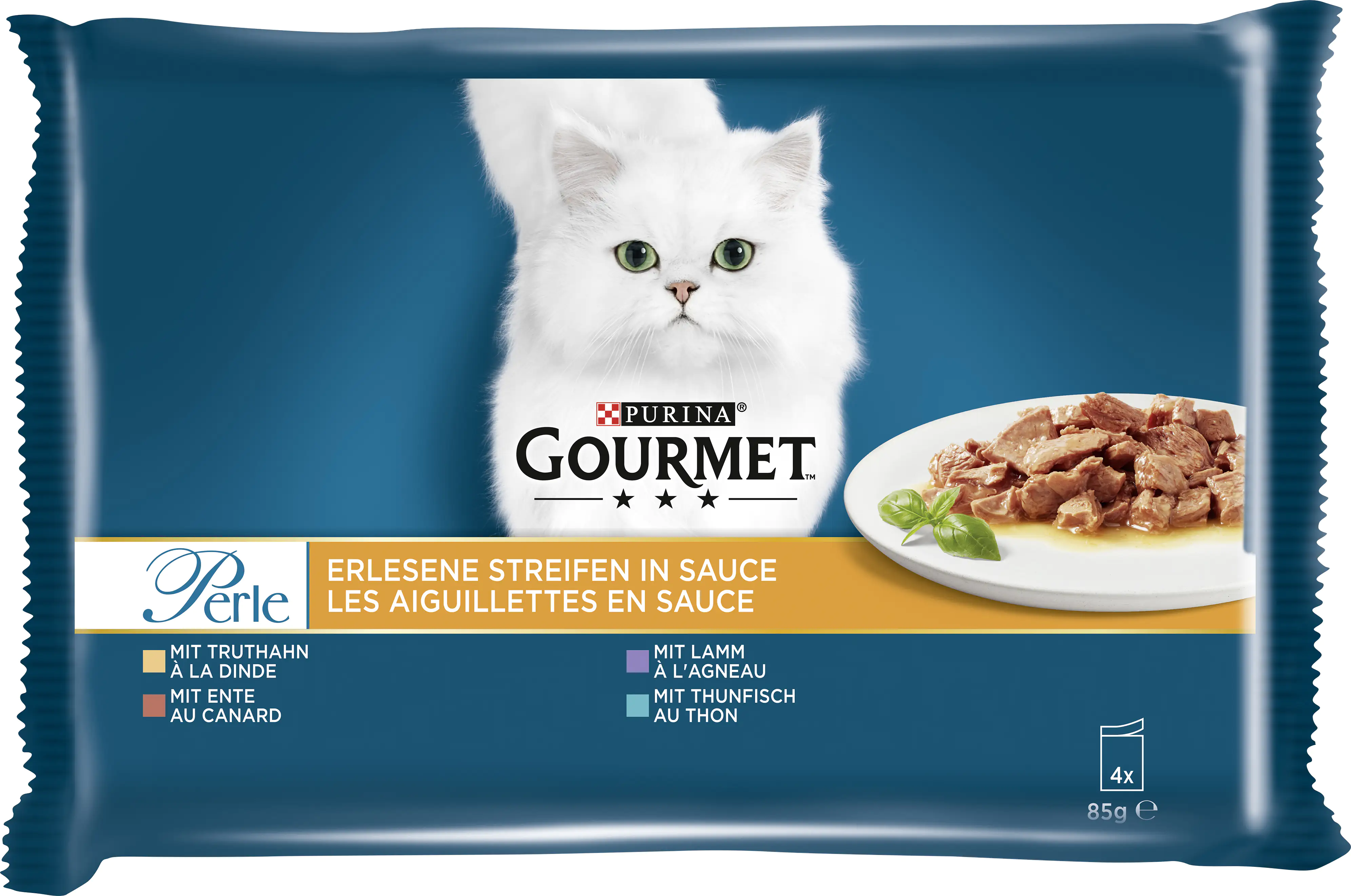 Gourmet Perle Erlesene Streifen mit Truthahn Thunfisch Ente Lamm 4x 85g Gourmet Perle Erlesene Streifen mit Truthahn Thunfisch Ente Lamm 4x 85g