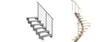 Zwei Treppenmodelle: links eine gerade Metalltreppe mit Geländer, rechts eine gewendelte Holztreppe mit Handlauf.
