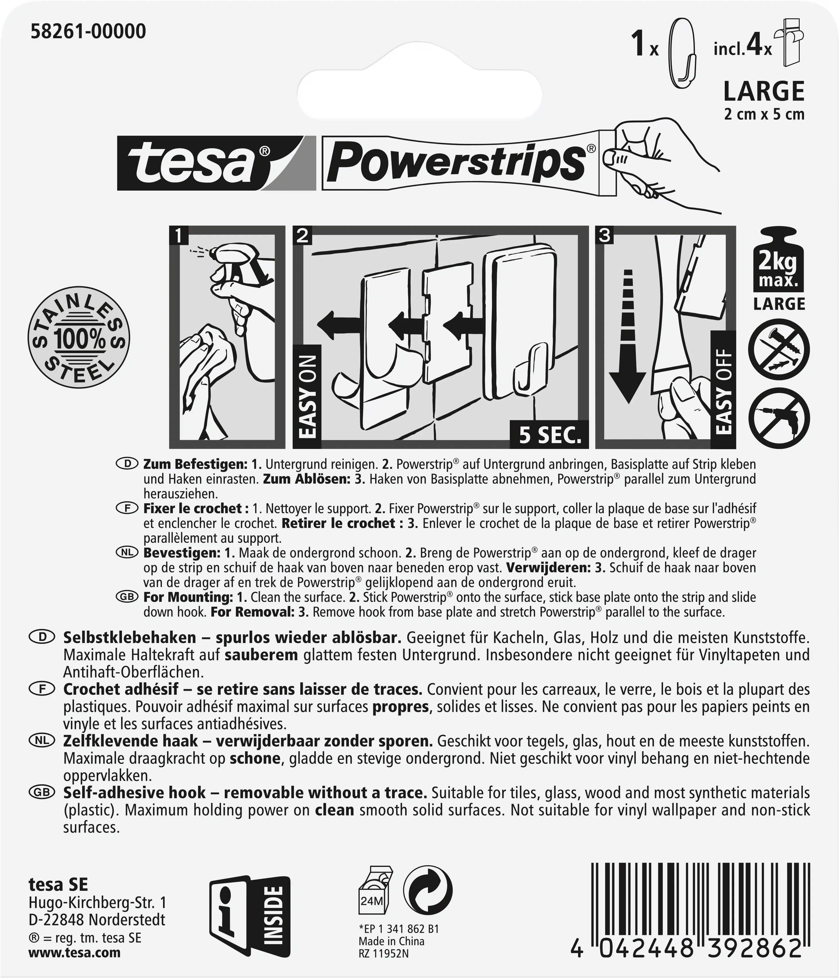 tesa Powerstrips Haken Large oval, Edelstahl