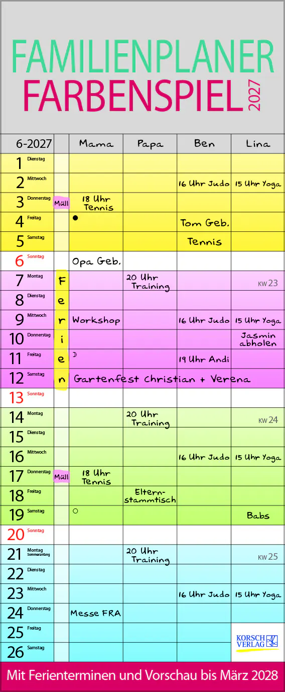 Korsch Kalender Familienplaner 2027 Farbenspiel 19 x 46 cm