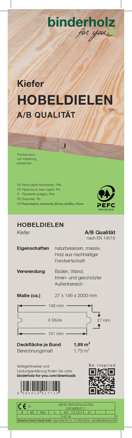 Hobeldiele Kiefer 300 x 14,6 cm 27 mm gehobelt