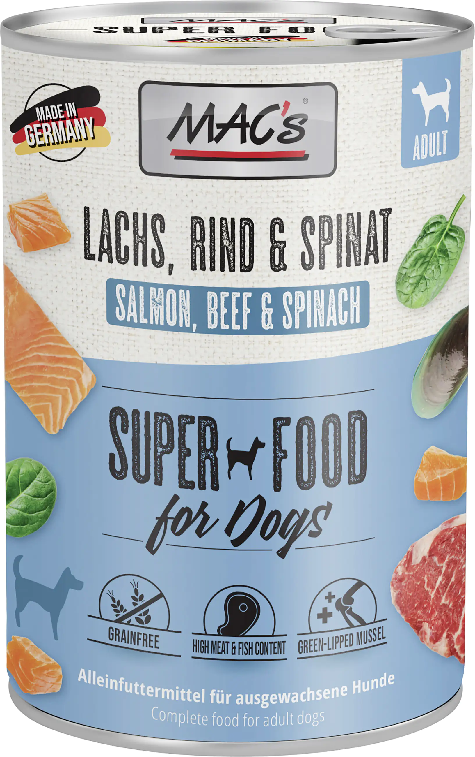Macs Dog Hundenassfutter Adult getreidefrei 400 g Lachs, Rind & Spinat
