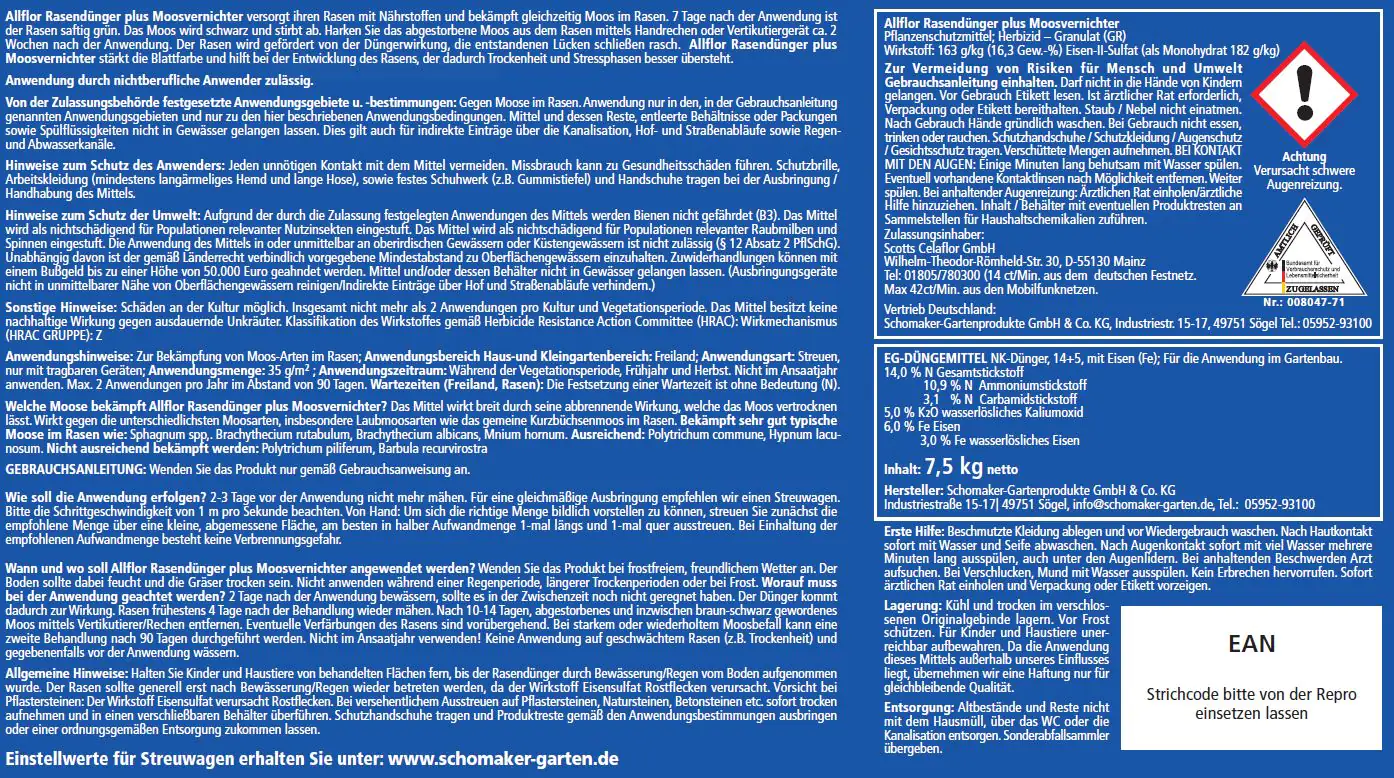 Allflor Rasendünger mit Moosvernichter 7,5 kg Allflor Rasendünger mit Moosvernichter 7,5 kg