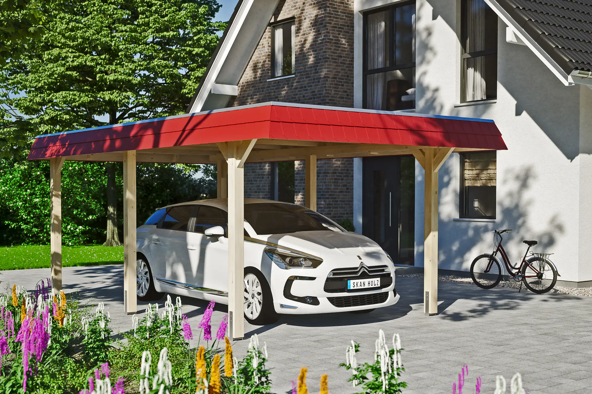 SKAN HOLZ Carport Wendland 362 x 628 cm mit EPDM-Dach, rote Blende
