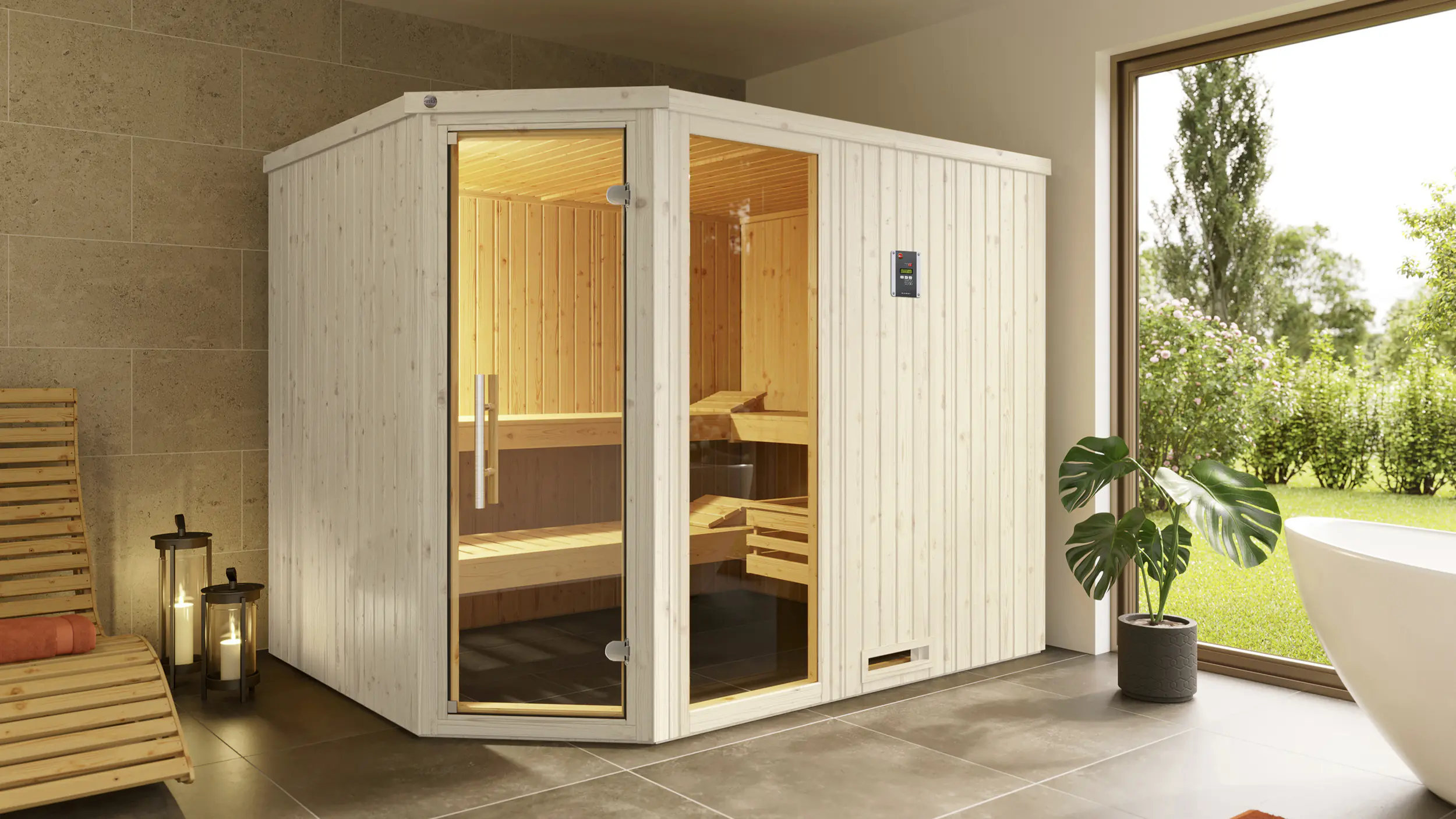 Weka Sauna Varberg 4 mit Glastür & Fenster 4,65 m² + 7,5 kW Ofen BioS