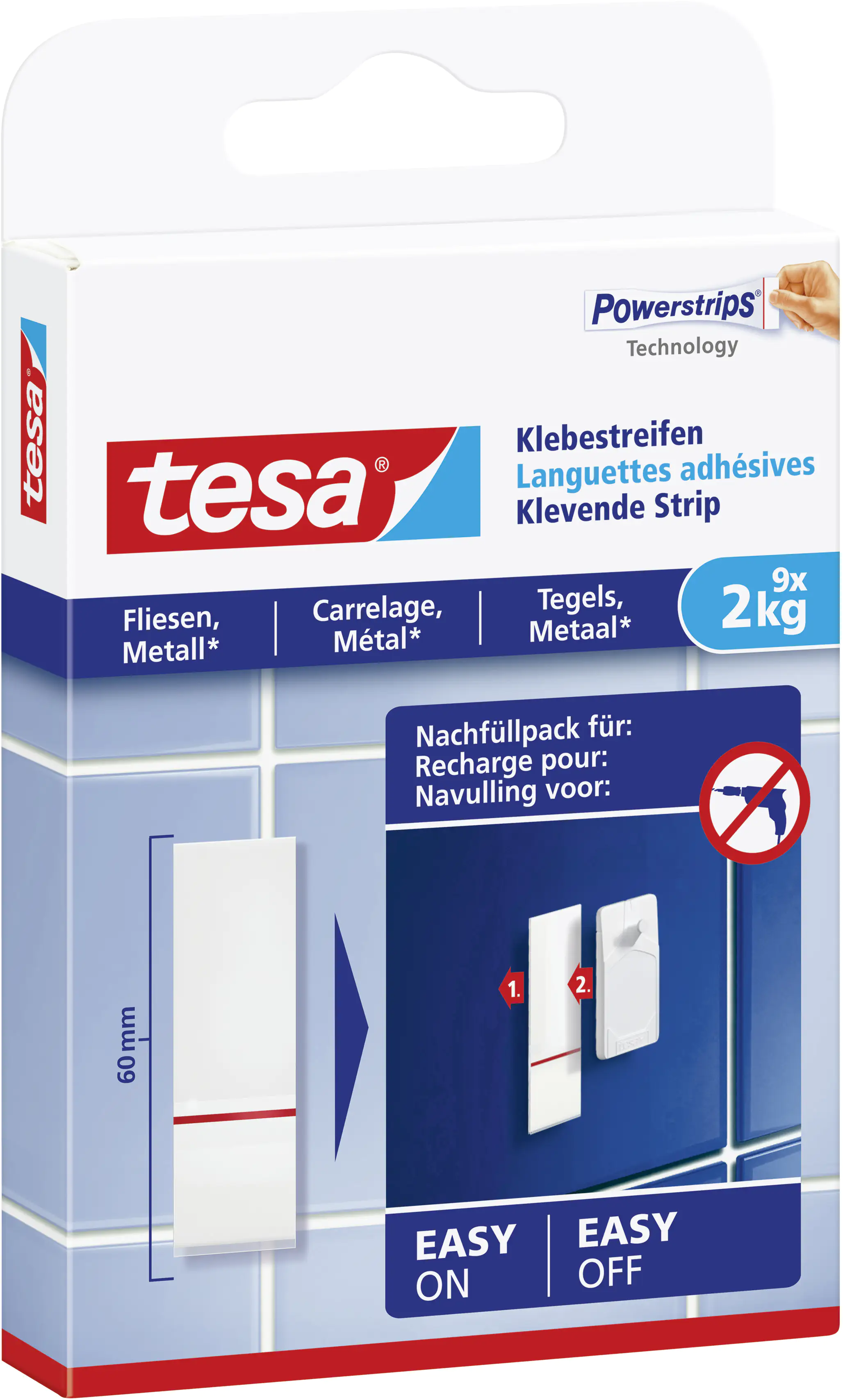 tesa Klebestreifen für Fliesen und Metall 9 Stück, Traglast 2 kg