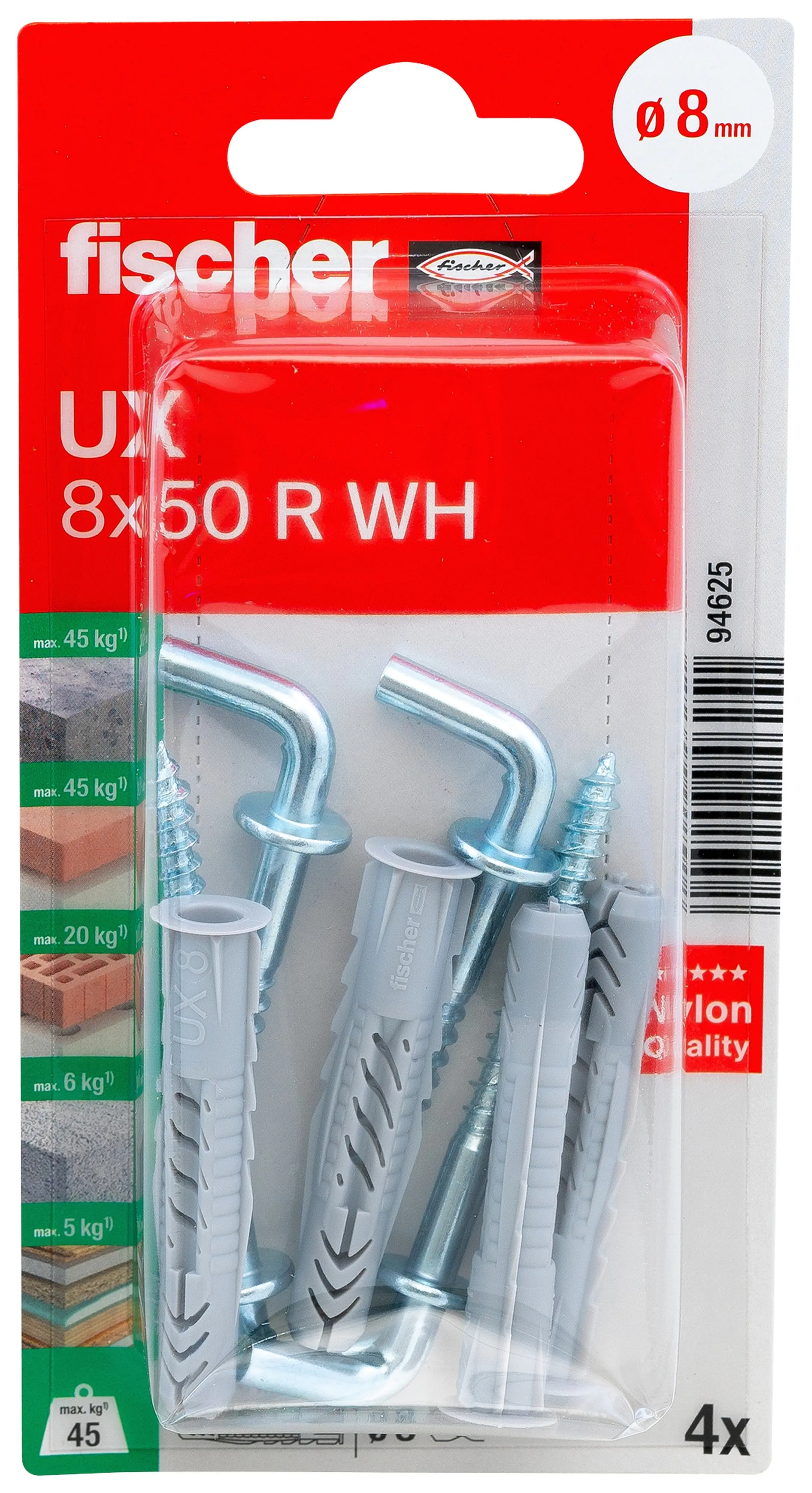Fischer Universaldübel UX WH 8 x 50 mm mit Winkelhaken - 4 Stück