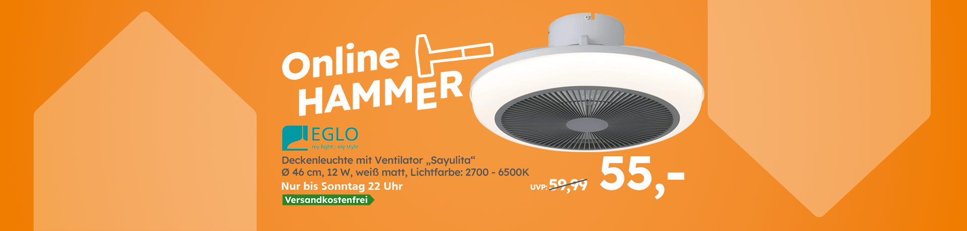 Online Hammer: EGLO Deckenleuchte mit Ventilator „Sayulita“, Ø 46 cm, 12 W, weiß, 55,-, versandkostenfrei.