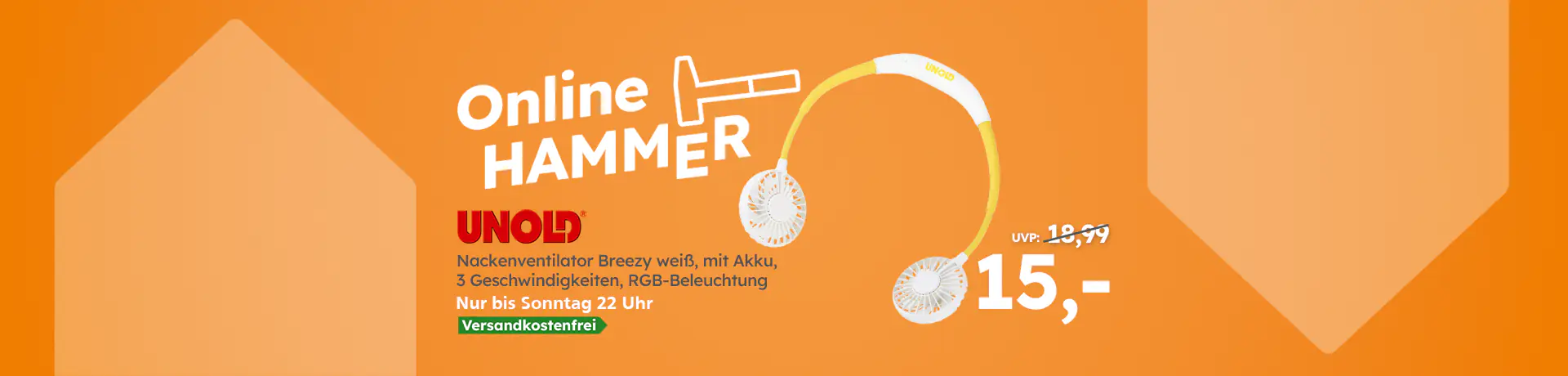 Online HAMMER: UNOLD Nackenventilator Breezy weiß mit Akku, 3 Geschwindigkeiten, RGB-Beleuchtung, versandkostenfrei, 15,-