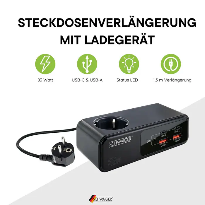 Schwaiger Verlängerung inkl. Steckdose  83W Schnellladefunktion USB A/C0 Schwaiger Verlängerung inkl. Steckdose  83W Schnellladefunktion USB A/C0