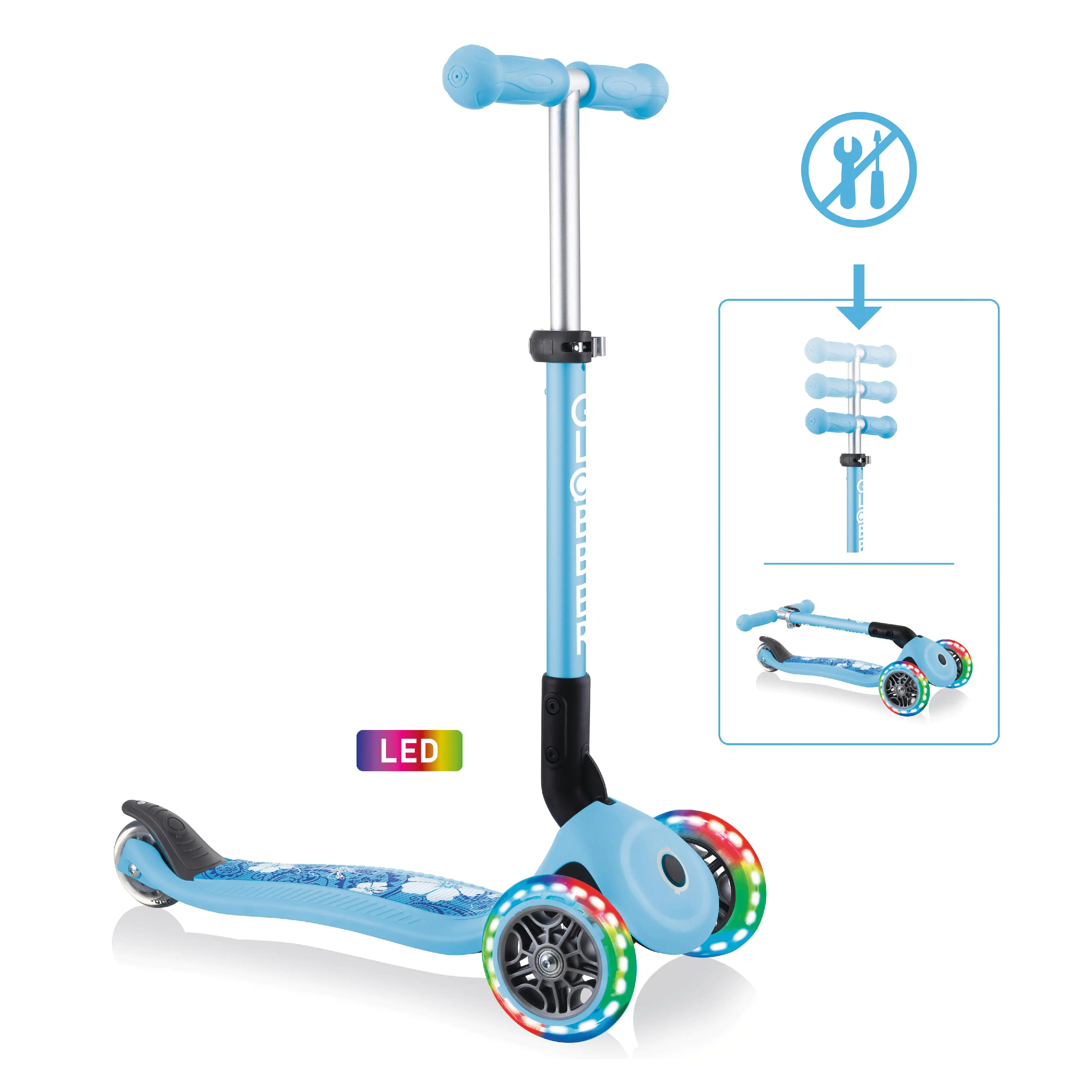 Globber Scooter Junior Foldable Lights pastellblau-Flowers mit Leuchtrollen