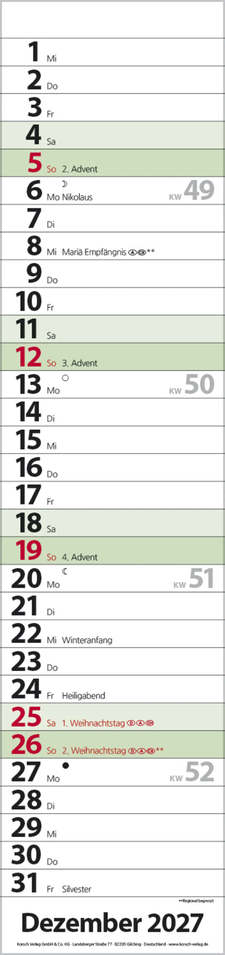 Korsch Kalender Streifenplaner Compact 2027 dunkelgrün 