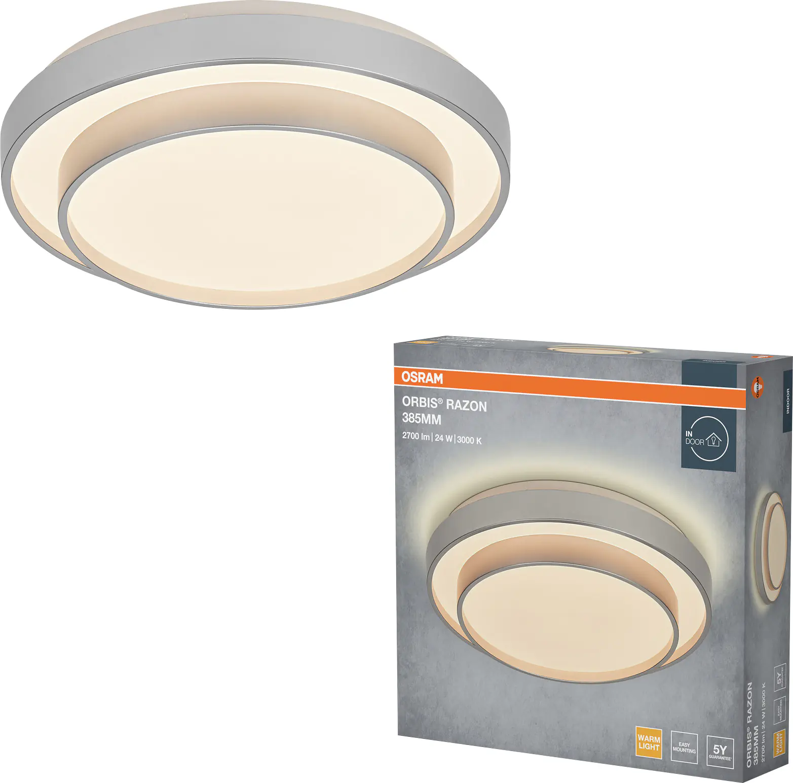 Osram LED-Deckenleuchte Orbis Razon Ø38,5 cm 24 W silber warmweiß