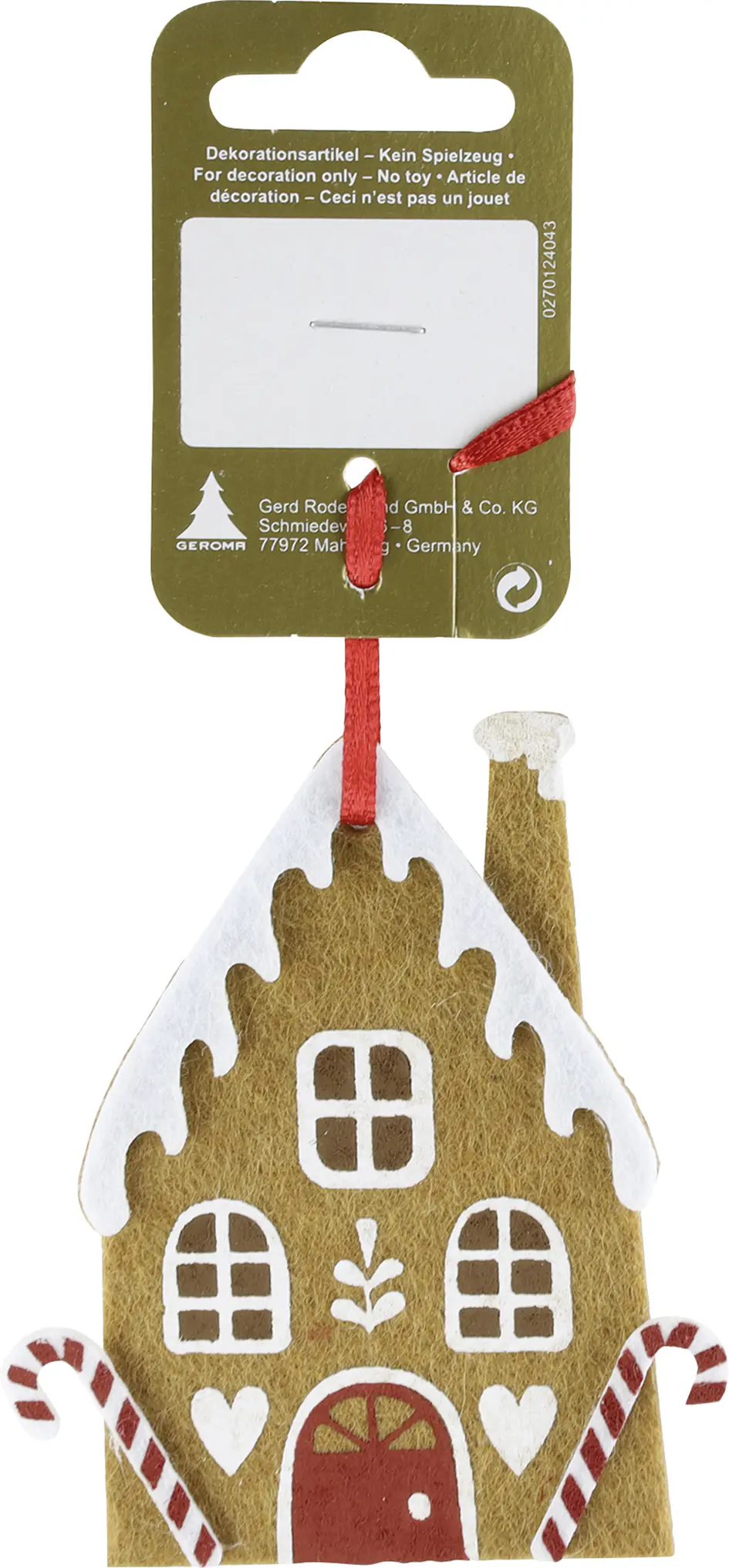 Weihnachtsanhänger Lebkuchenhaus aus Filz 9 x 7 cm braun weiß rot 1 Stück