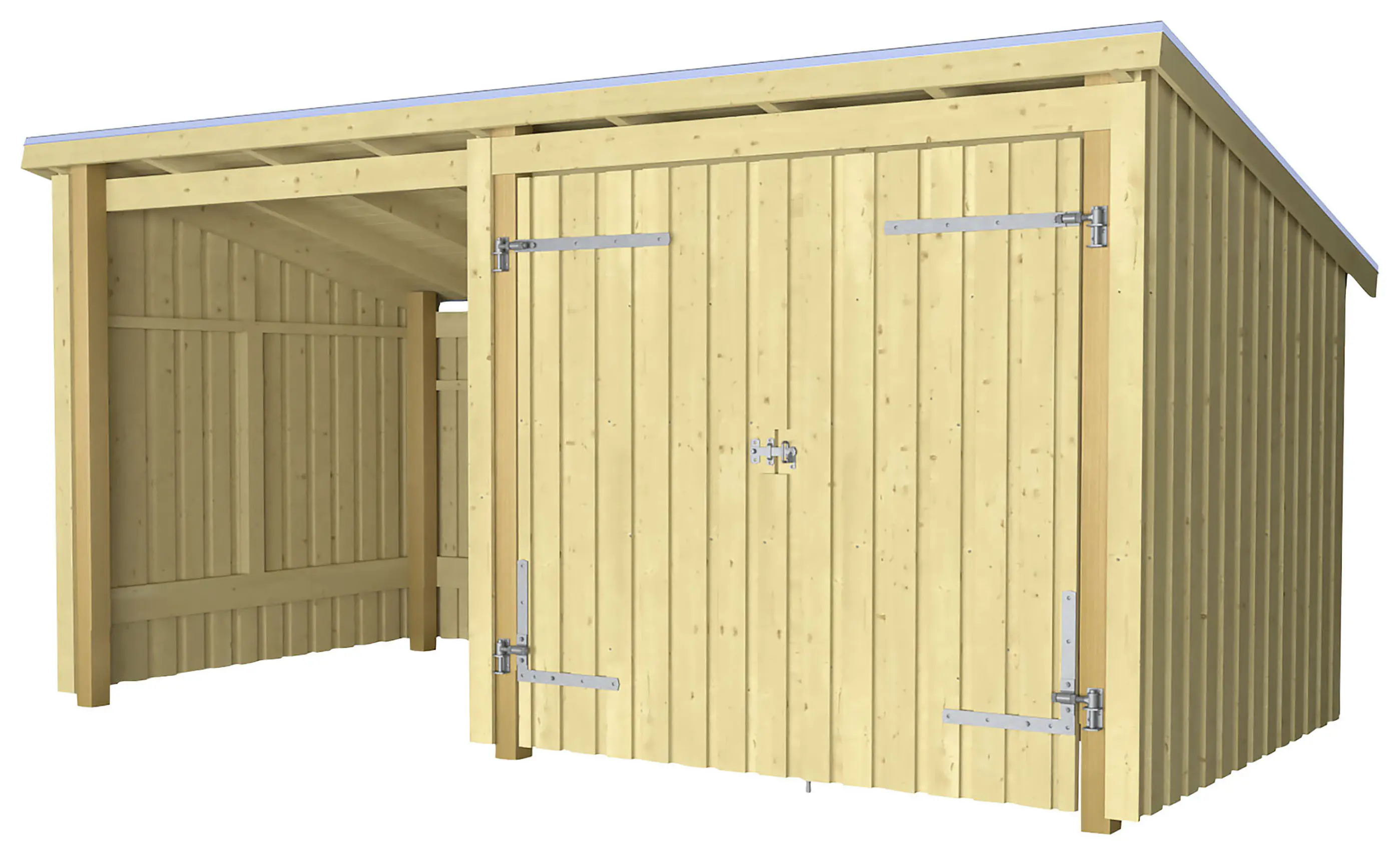 Plus Gartenhaus Nordic Multi 416 x 208 cm natur mit Doppeltür, offen, Dachpappe