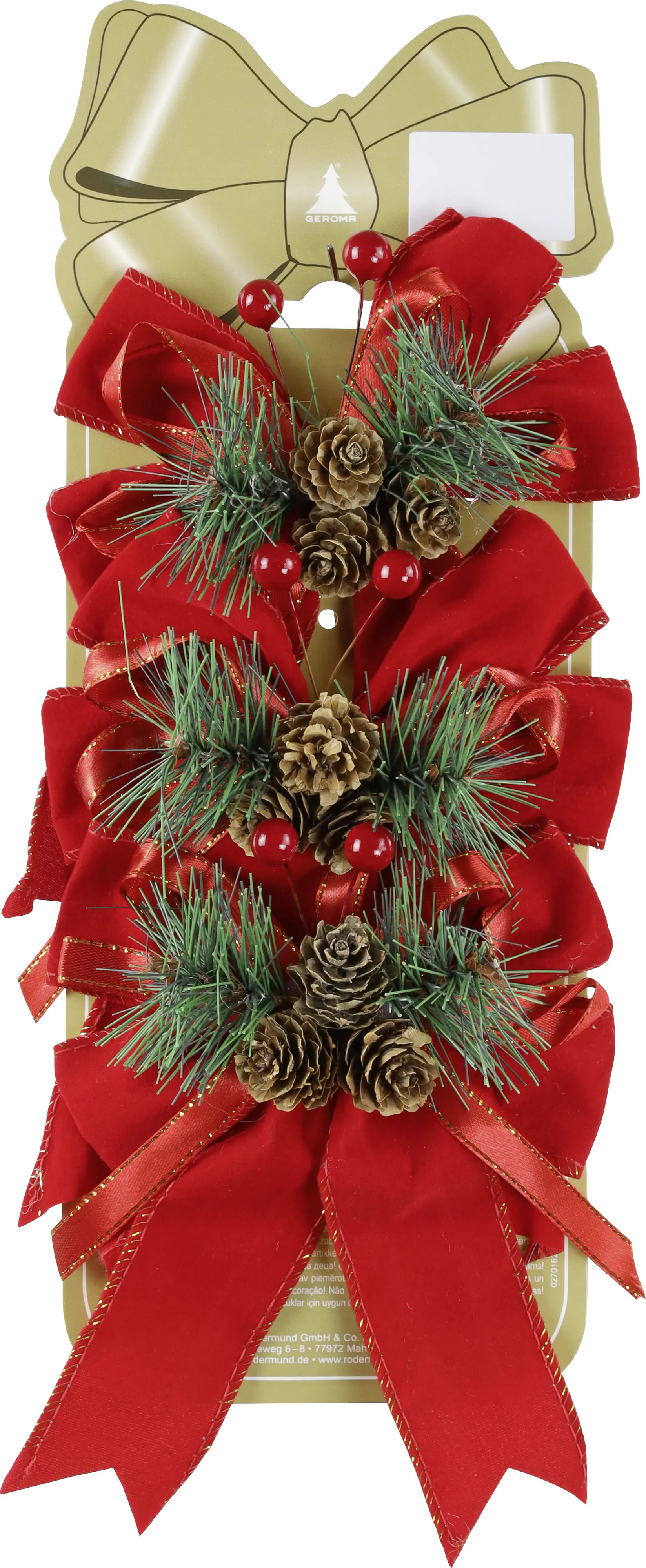 Weihnachtsdeko Schleifen aus Samt mit Zweig 15 cm rot - 3 Stück
