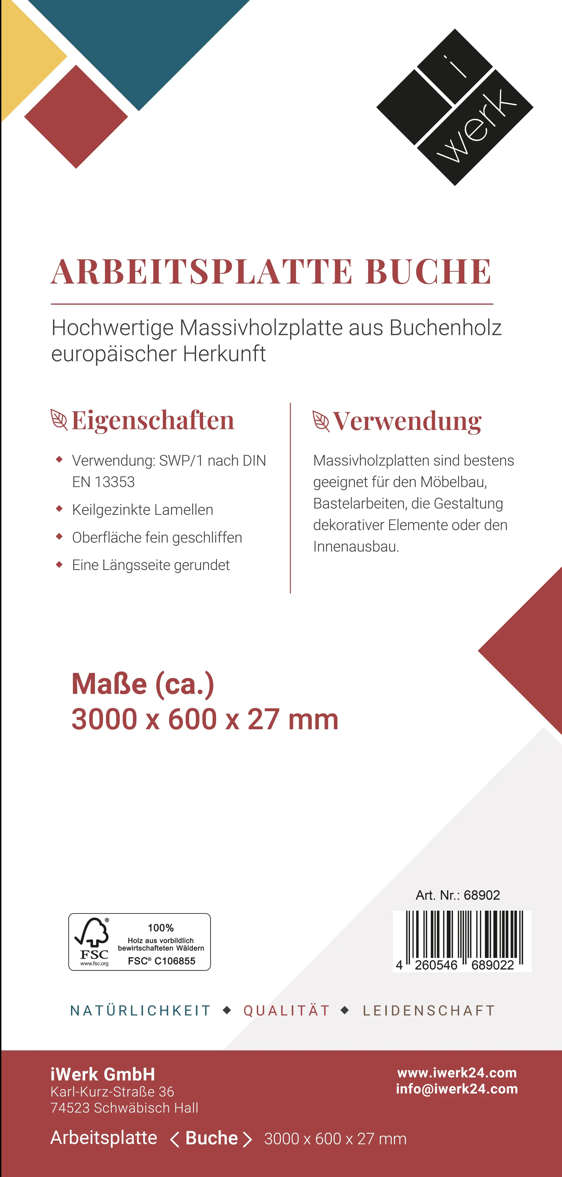 Arbeitsplatte Buche massiv 300 x 60 x 2,7 cm geschliffen