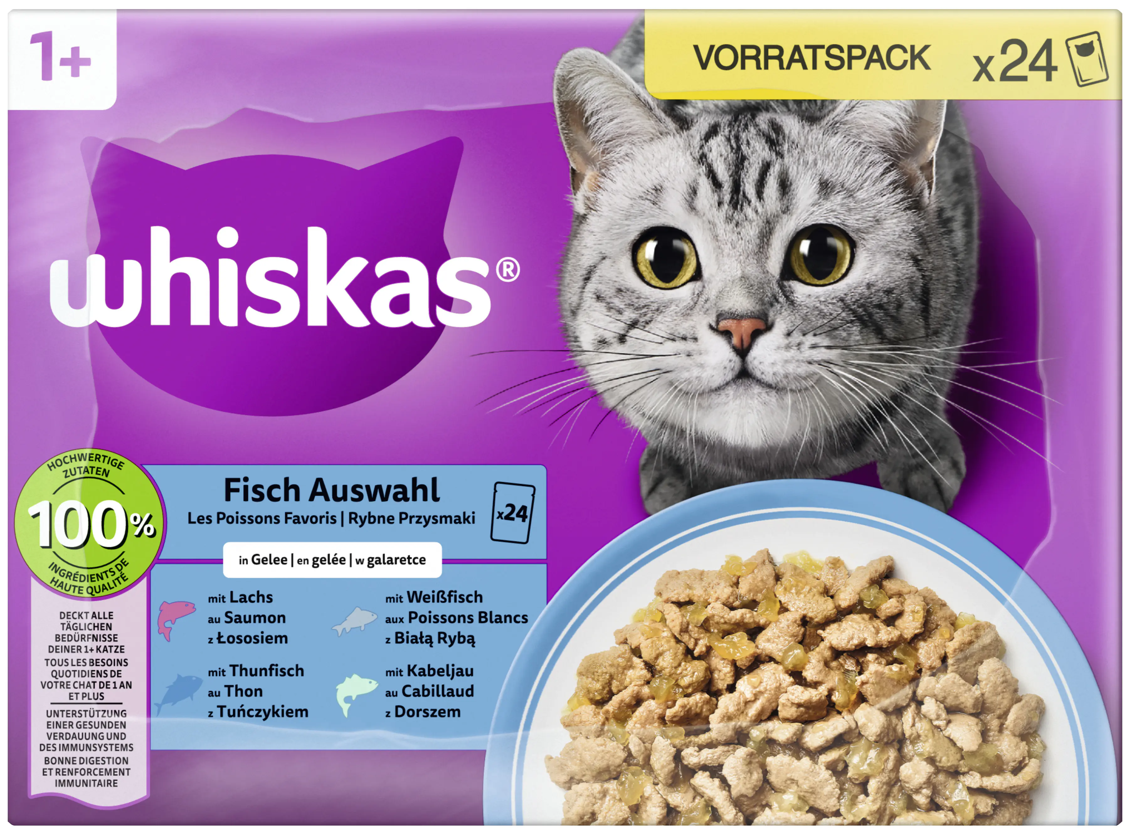 Whiskas Katzennassfutter Adult 24 x 85 g Fischauswahl in Gelee