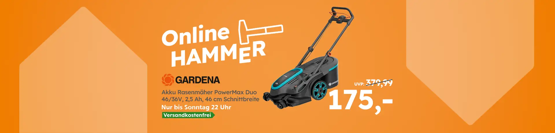 GARDENA Akku-Rasenmäher PowerMax Duo 46/36V, 2,5 Ah, 46 cm Schnittbreite, für 175 €, bis Sonntag 22 Uhr.