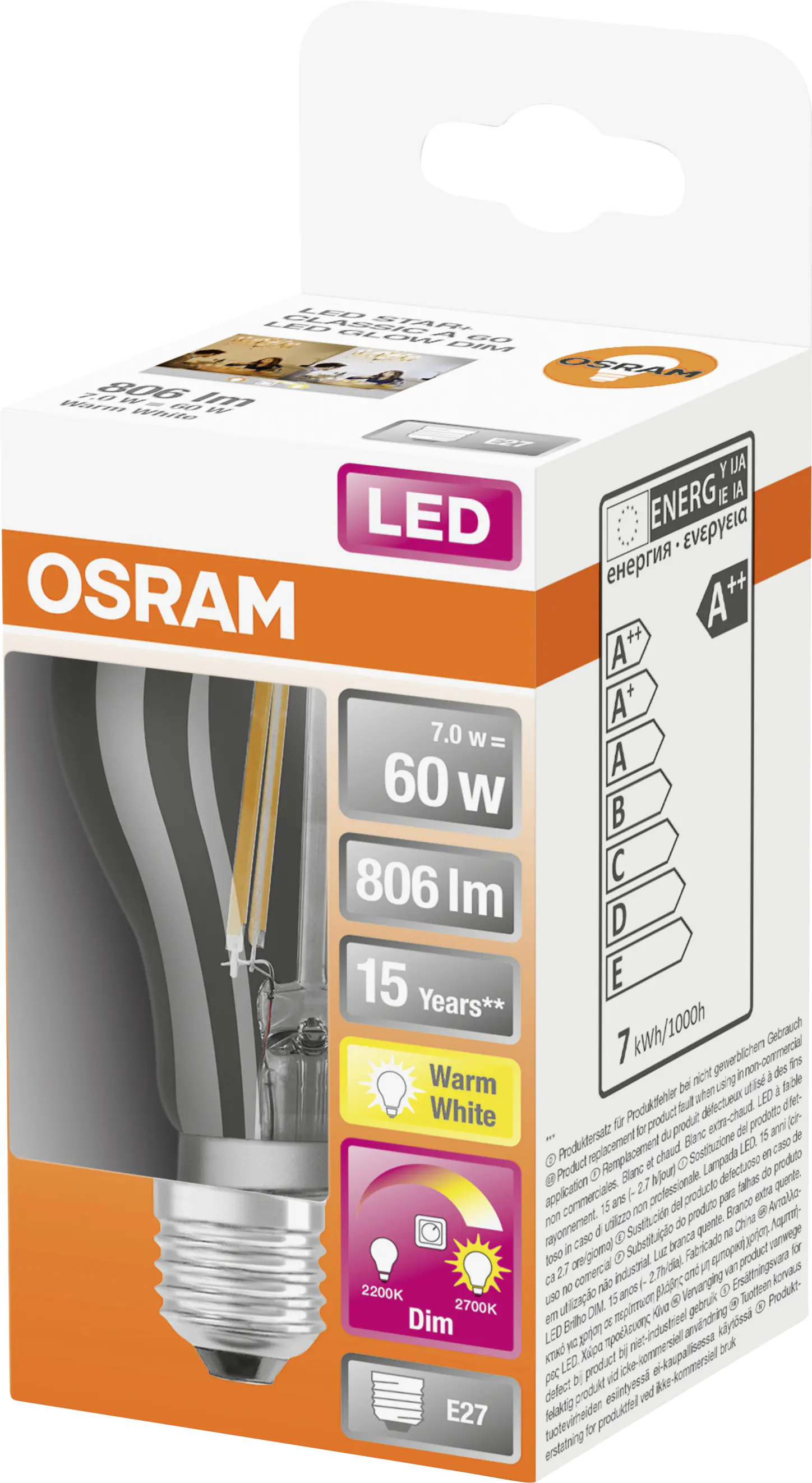 Osram LED Leuchtmittel Cl A60 E27 7W warmweiß, dimmbar, klar