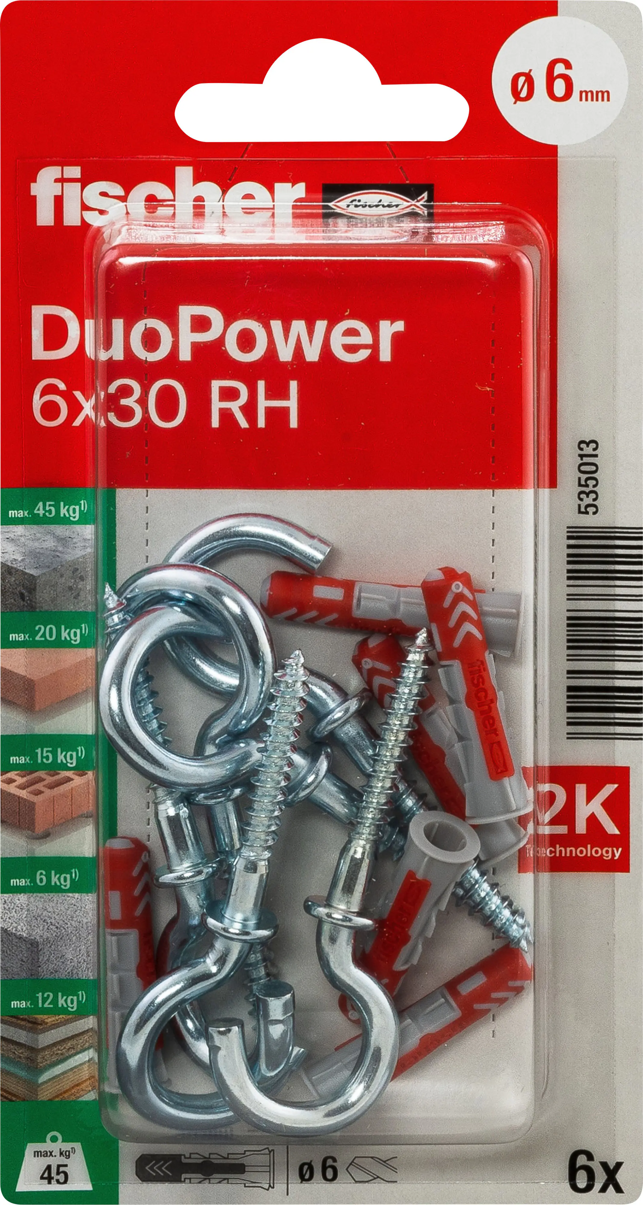 Fischer Dübel-Set DuoPower RH 6 x 30 mm mit Rundhaken - 6 Stück