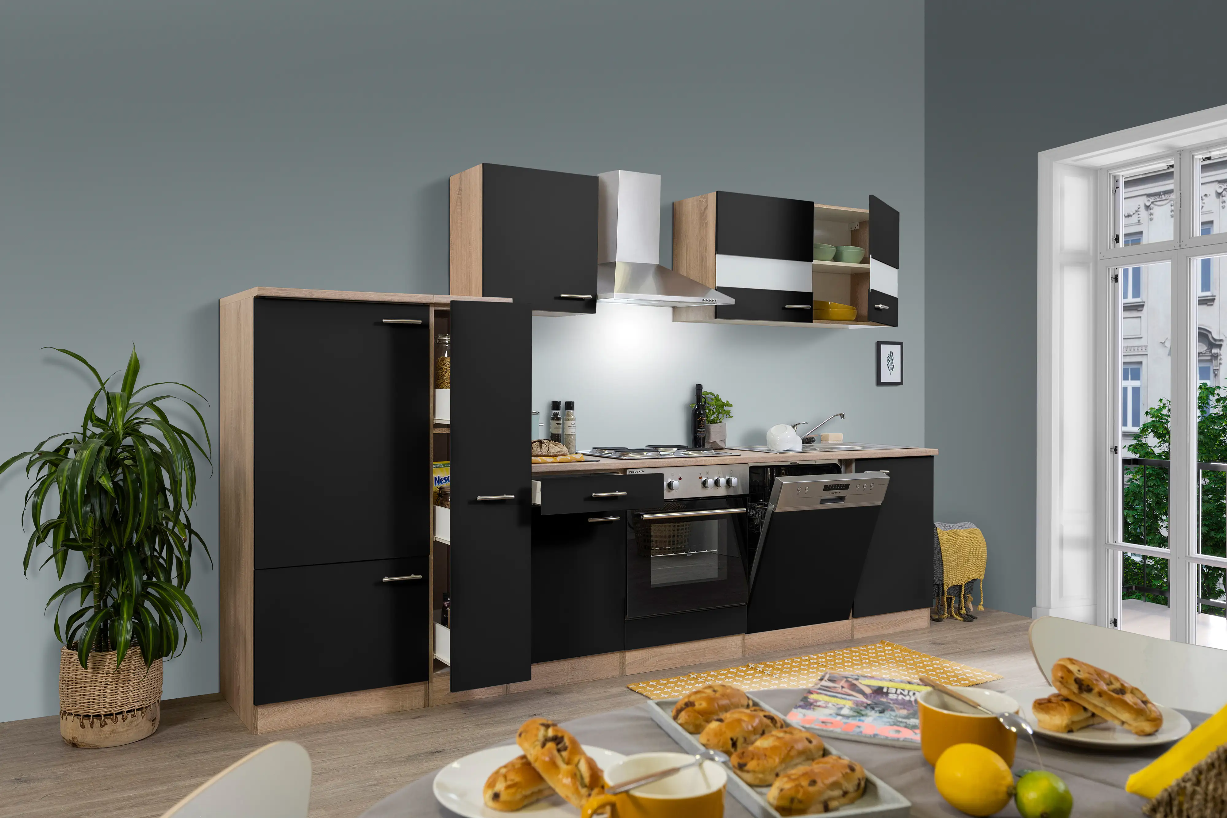 4260344974412_2825401 Respekta Economy Küchenblock 310 cm schwarz, Eiche Sonoma, KB310ESS