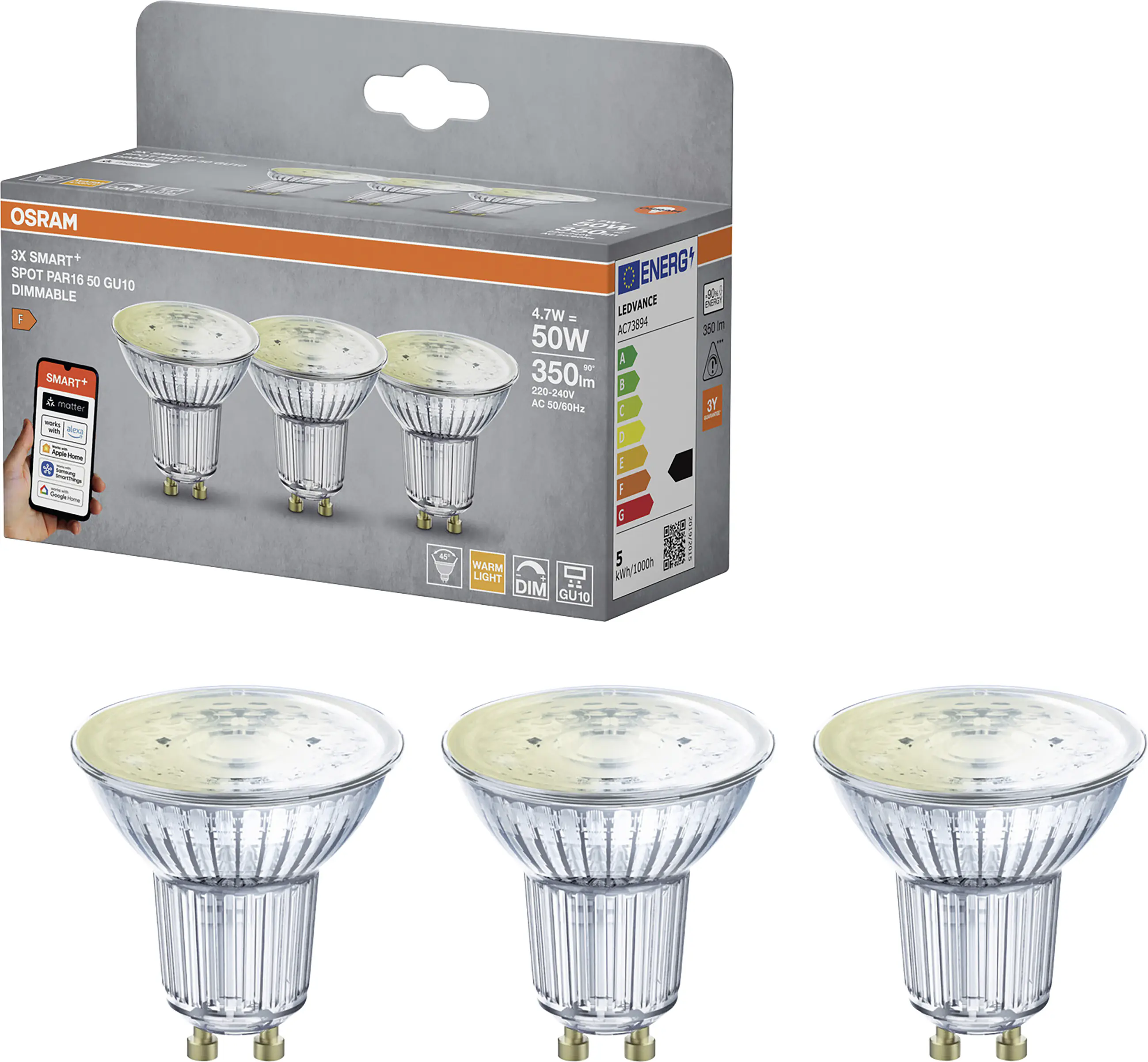 Ledvance LED Leuchtmittel Smart PAR16 GU10 4,7 W warmweiß dimmbar 3er Pack