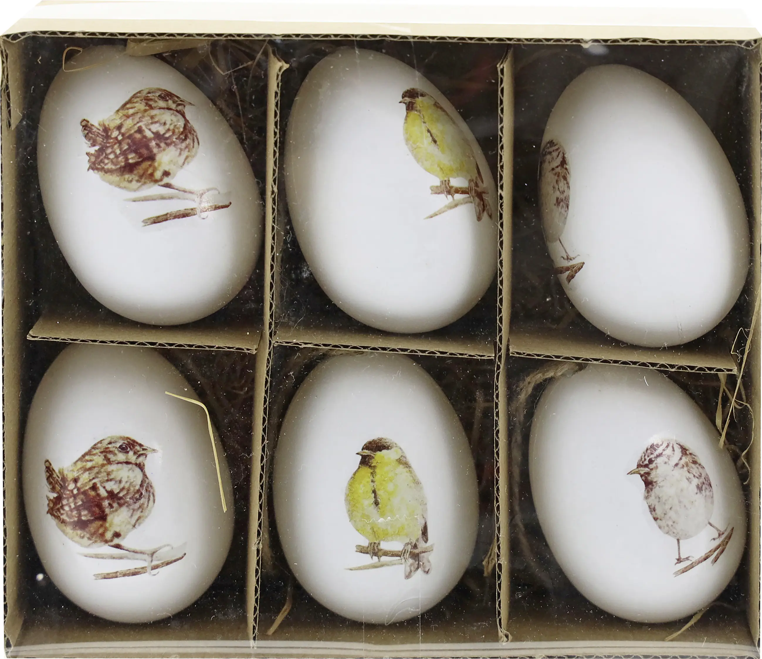Ostereier Kunststoff zum Hängen 6 x 5 cm weiß mit Vogelmotiv 6 Stück Ostereier Kunststoff zum Hängen 6 x 5 cm weiß mit Vogelmotiv 6 Stück