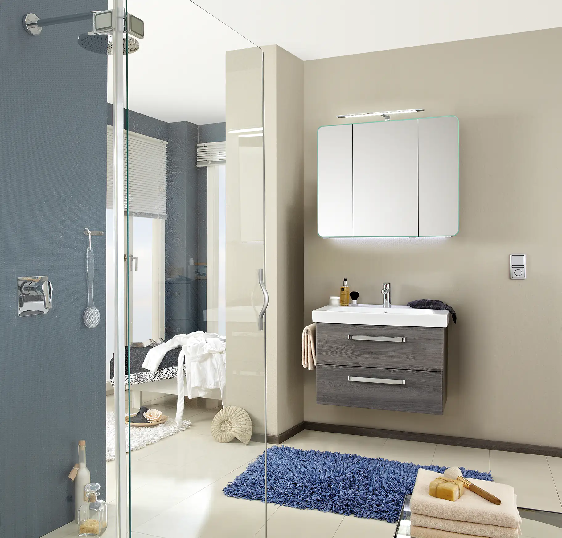 Pelipal Badmöbel-Set Pineo Sangallo Grau mit LED-Aufsatzleuchte + Waschplatzbeleuchtung 85 cm