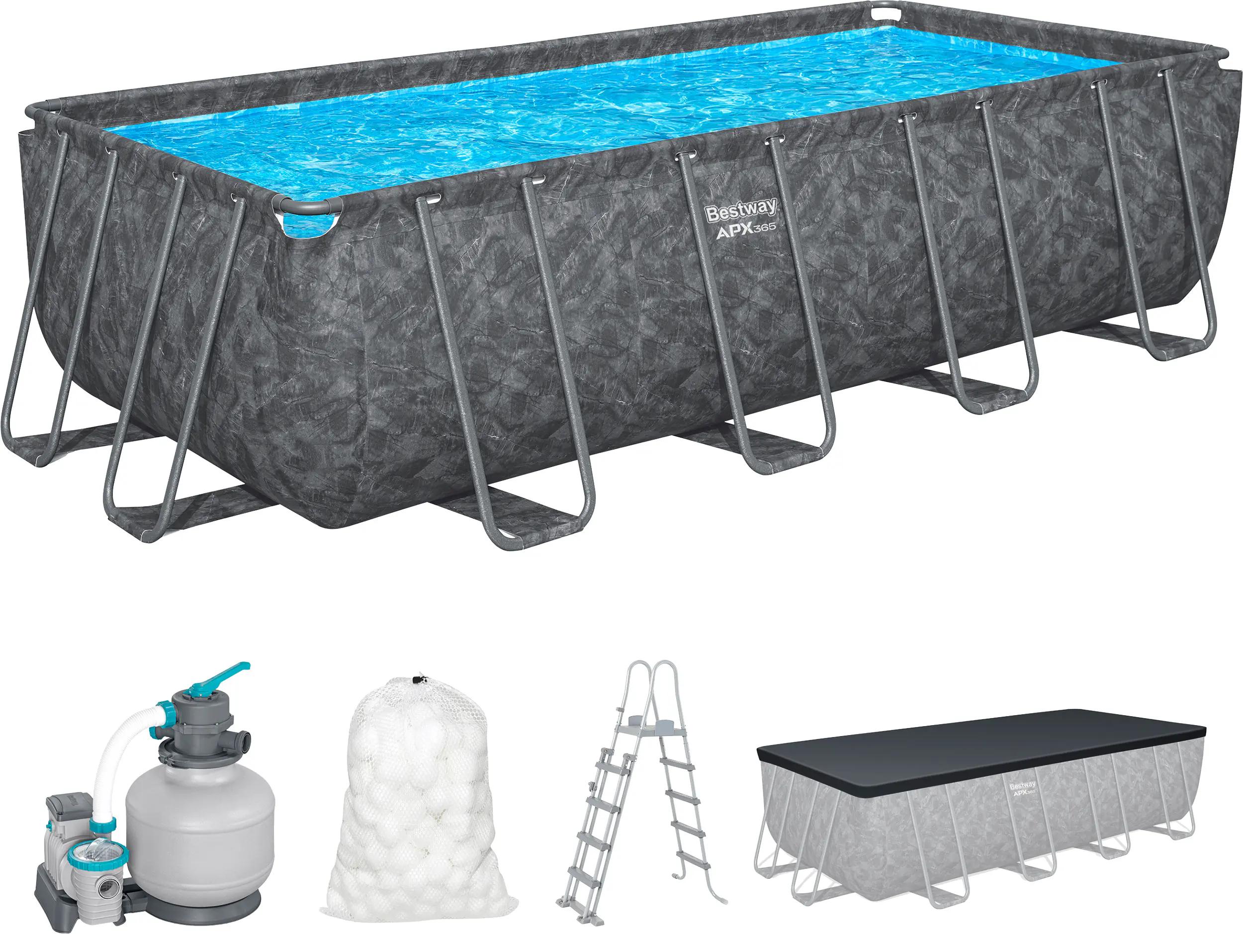 Bestway Winterfestes Frame Pool APX365 Komplett-Set mit Sandfilteranlage 549 x 274 x 132 cm marmor-optik eckig