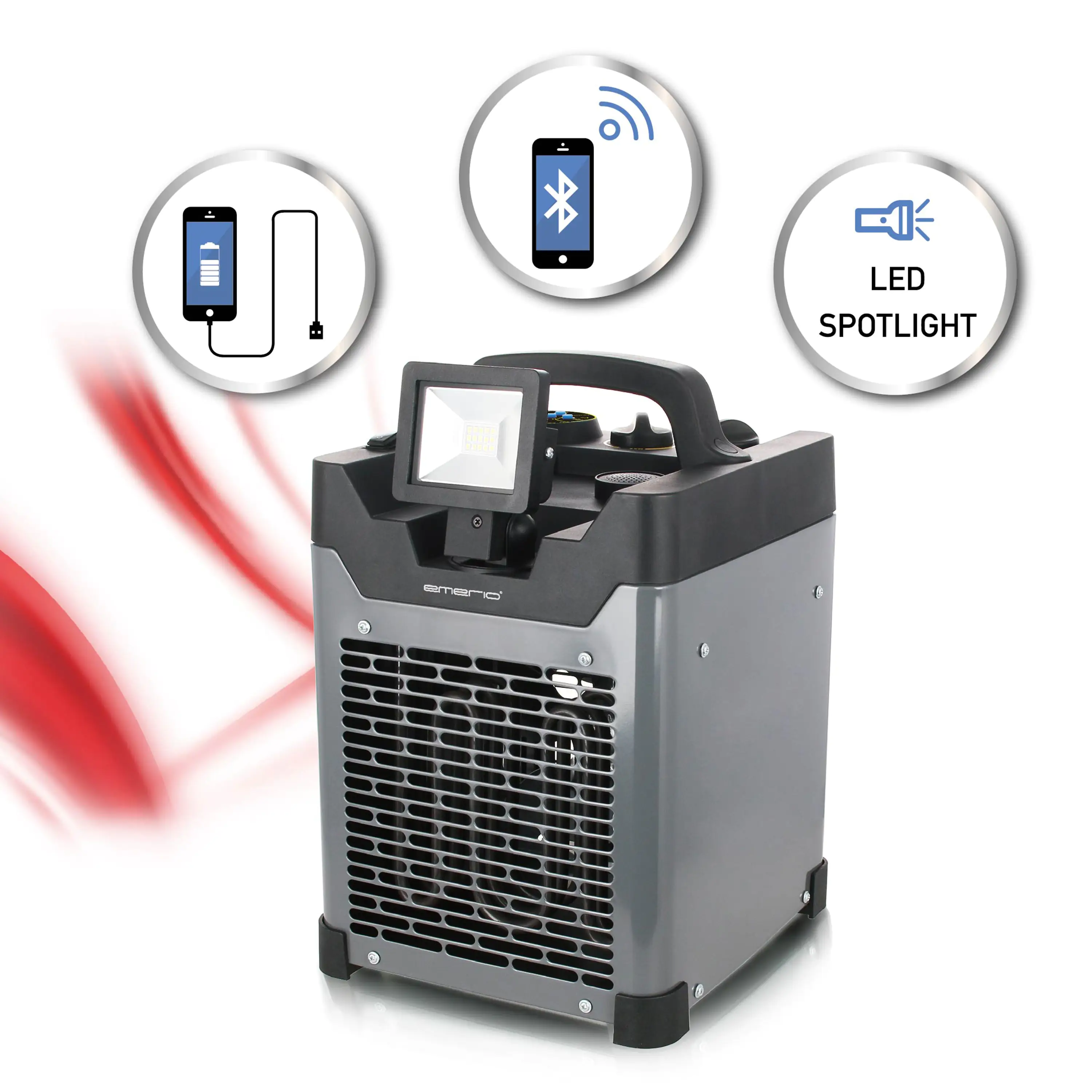 Powerheizlüfter mit LED-Strahler Bluetooth-Lautsprecher 3300 Watt