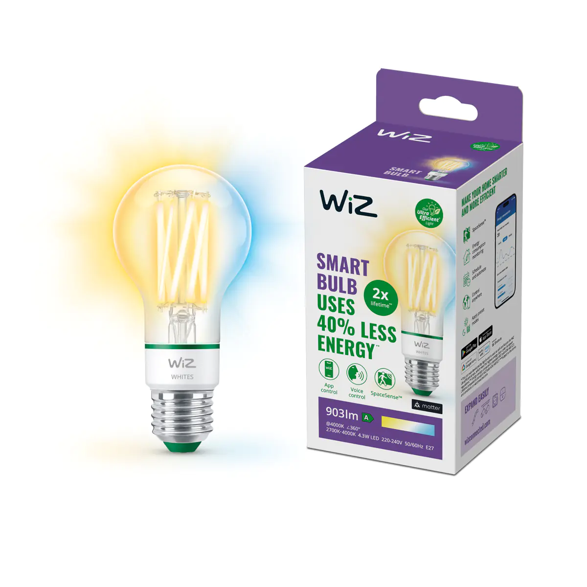 WiZ LED-Leuchtmittel Filament A60 G95 E27 4,3W warmweiß bis kaltweiß smart