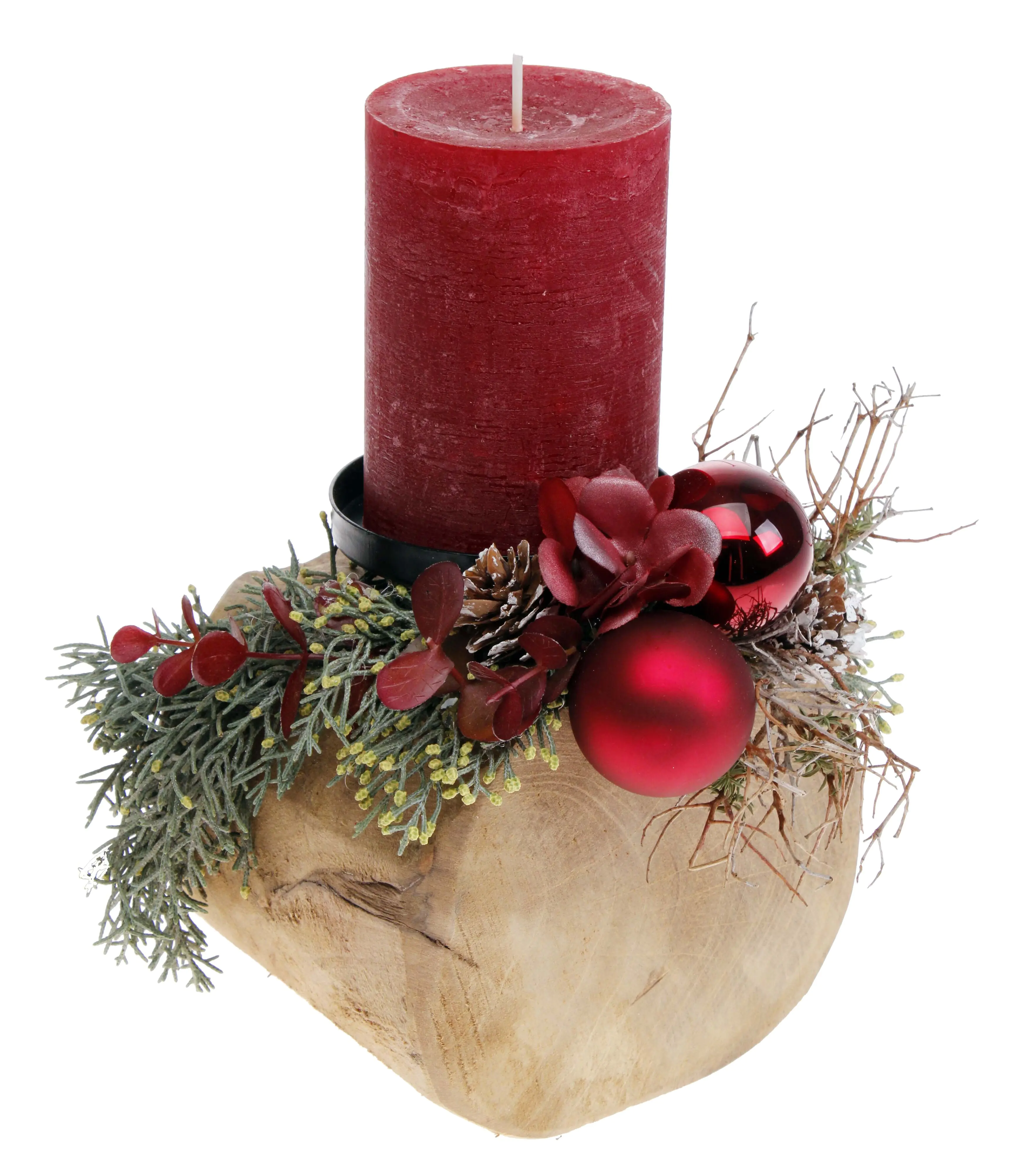 Teak-Kerzenhalter mit Rustik-Kerze 24 cm bordeaux